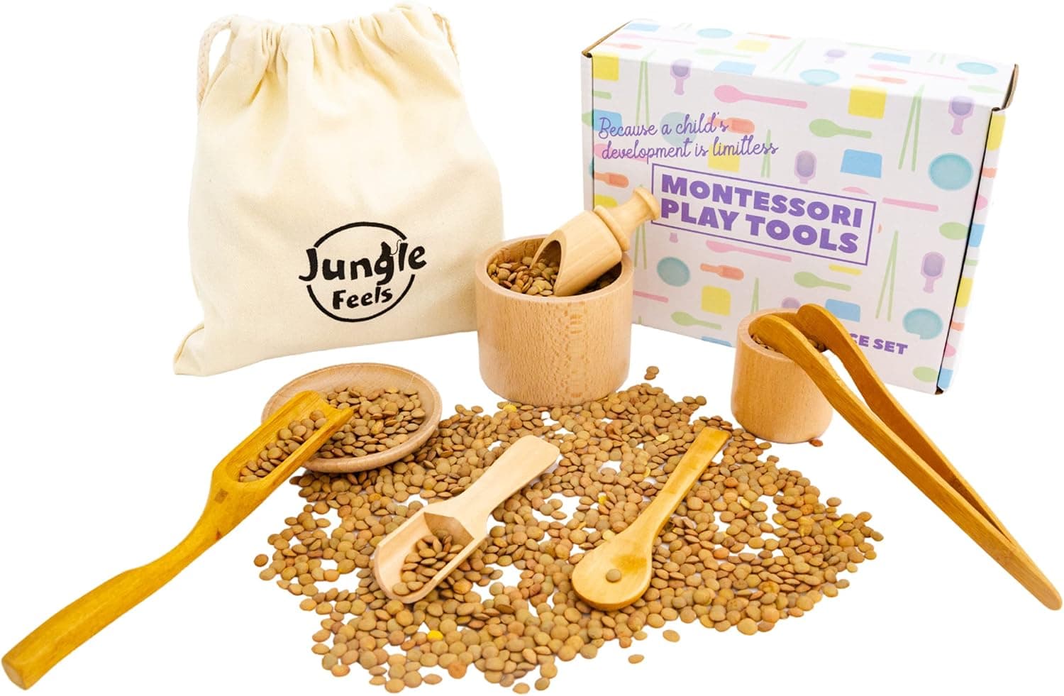 Jungle Feels Sensory Bin Tools, 8 Piece Wooden Set of Montessori Toys for Toddlers, Advances Fine Motor Skills & Accelerates Early Learning, Bonus Burlap Bag!