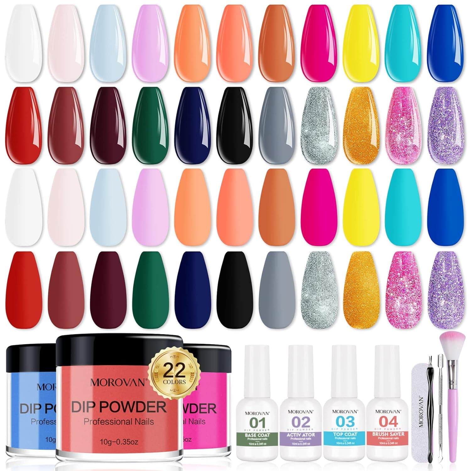 Morovan Dip Powder Nail Kit - 22 Colors Nail Dip Powder Kit Professional Dipping Powder Nail Set Dip Nails Powder with Base Top Coat Activator Plus Manicure Tools Kit