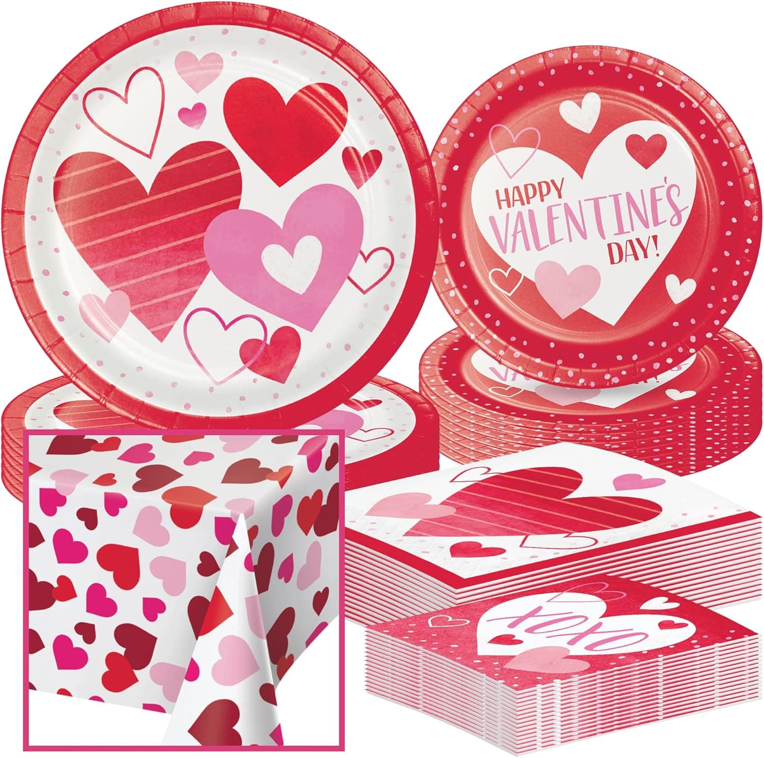 Creative Converting Valentine's Hugs & Kisses Dinnerware - Dinner & Dessert Plates, Luncheon & Beverage Napkins, Table Cover - Pink and Red Hearts XOXO for Party, School, Decorations Set Supplies