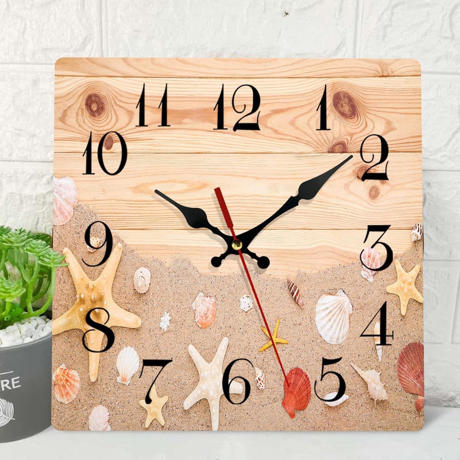 ArtSocket Wooden Wall Clock Silent Non-Ticking, Seashells Starfish Beach Sand Brown Summer Sea Adventure Travel Square Wall Clocks Decor for Home Kitchen Living Room Office(12 Inch)