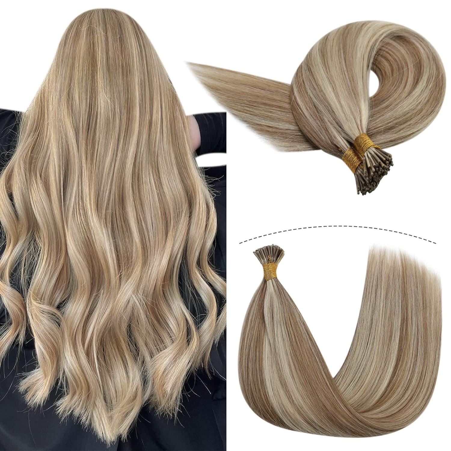 YoungSee I Tip Extensions Human Hair 20inch I Tip Fusion Hair Extensions Human Hair Light Brown Mixed Golden Blonde Keratin Hair Extensions Highlights Itip Human Hair Extensions 1g/s 50strands