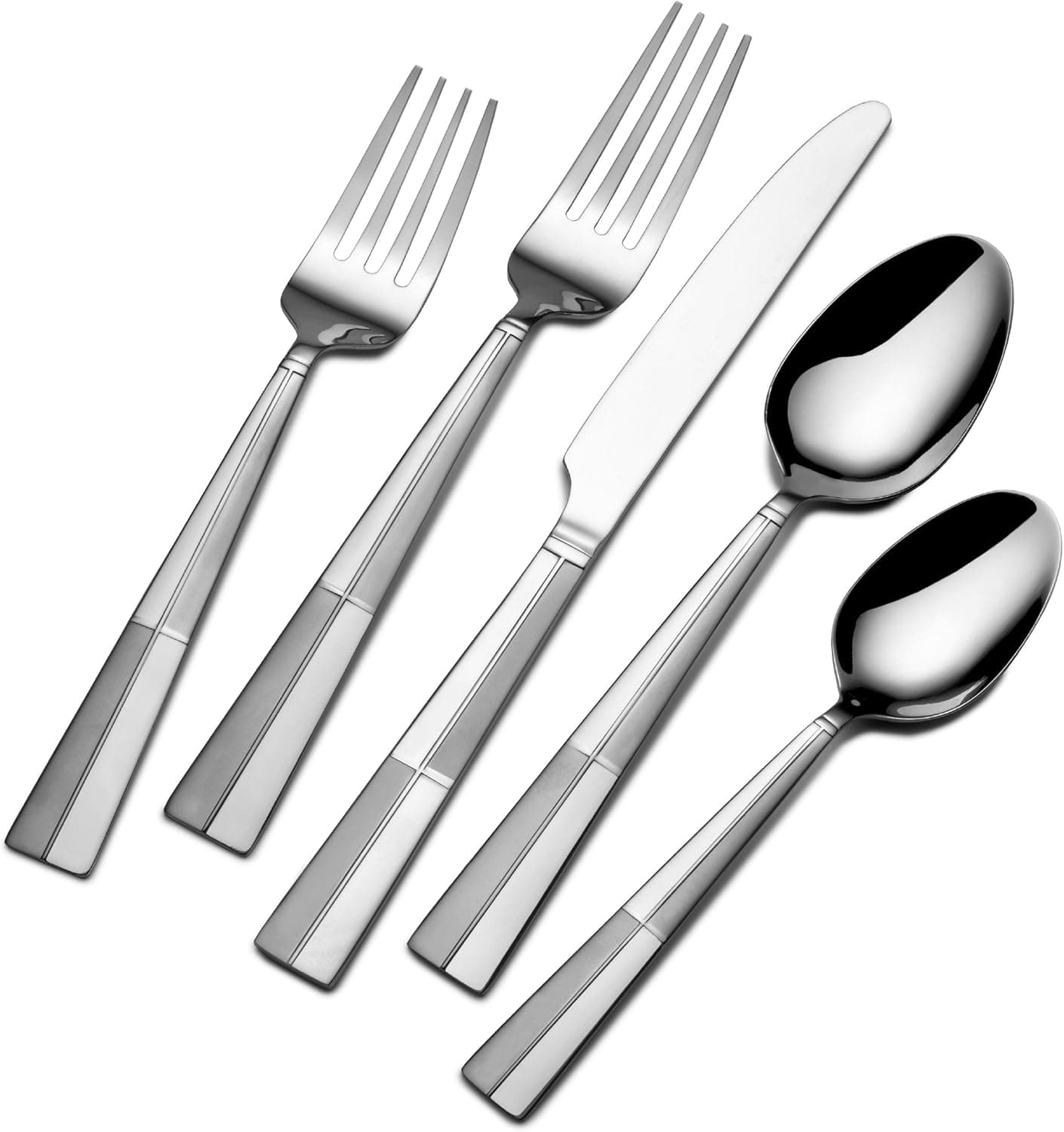 Pfaltzgraff Arabesque Frost 45-Piece Stainless Steel Flatware Set with Serving Utensil Set and Metal Storage Caddy, Service for 8