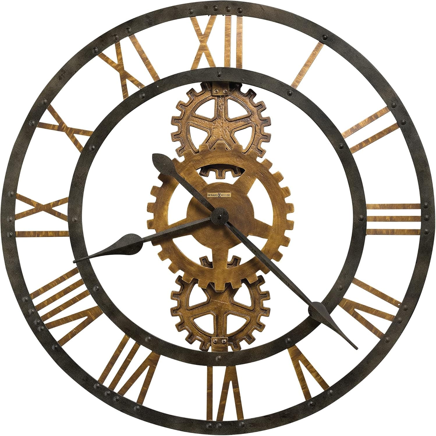 Howard Miller Crosby Wall Clock 625-517 – Warm Gray Finish Metal Frame, Antiqued Brass Gears, Oversized Round Design, Industrial Home Decor, Quartz Movement