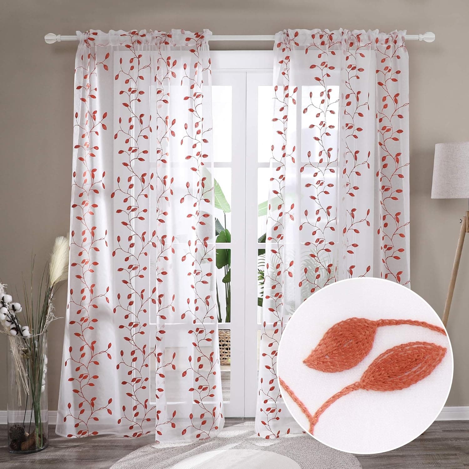Deconovo Halloween Decorations Fall Floral Sheer Curtains 63 Inch Length 2 Panels, Rod Pocket White and Orange Leaves Patterned Semi Voile, Embroidered Sheer Curtain Pairs for Bedroom, 52x63 Inch