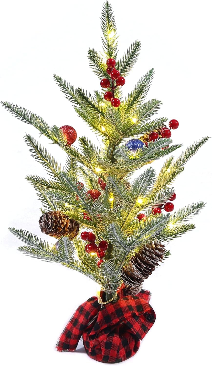 BMY Tabletop Christmas Tree,19 Inch Table Top Christmas Trees with Lights, Desk Christmas Tree with Red Plaid Wrap Battery Operated Miniature Christmas Tree for Best Holiday Christmas Decorations