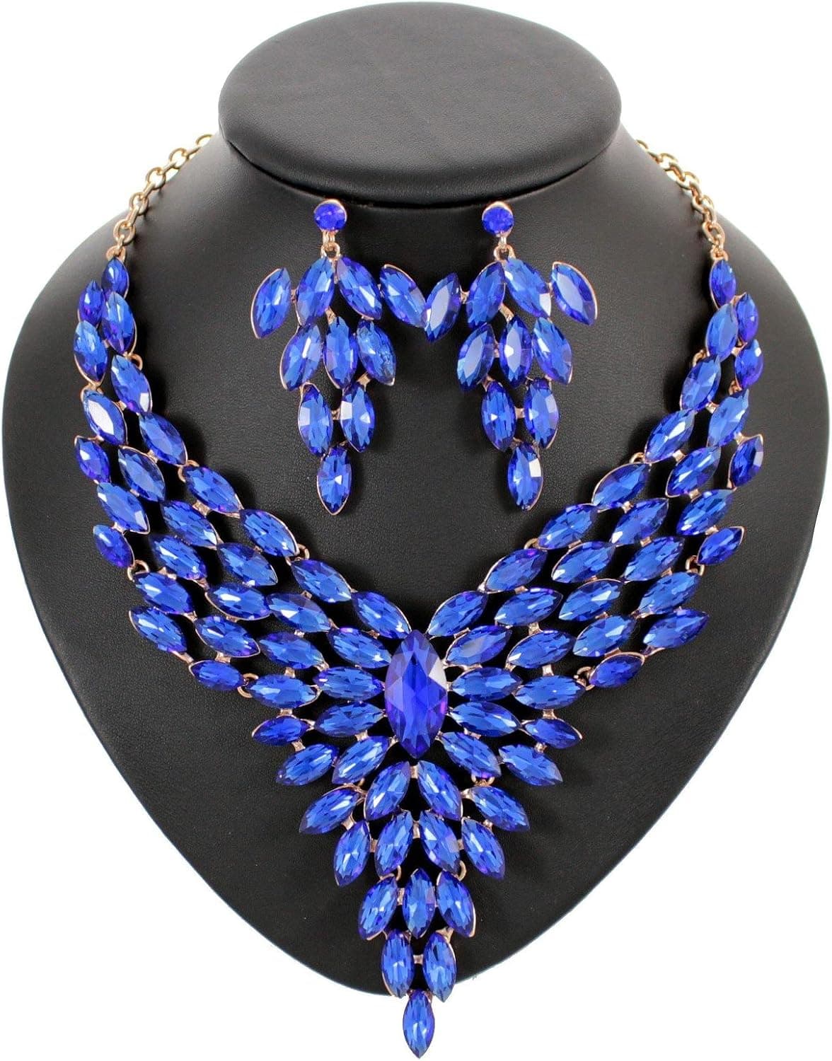 Janefashions Cobalt Blue Austrian Crystal Rhinestone Bib Necklace Earrings Set Prom N933