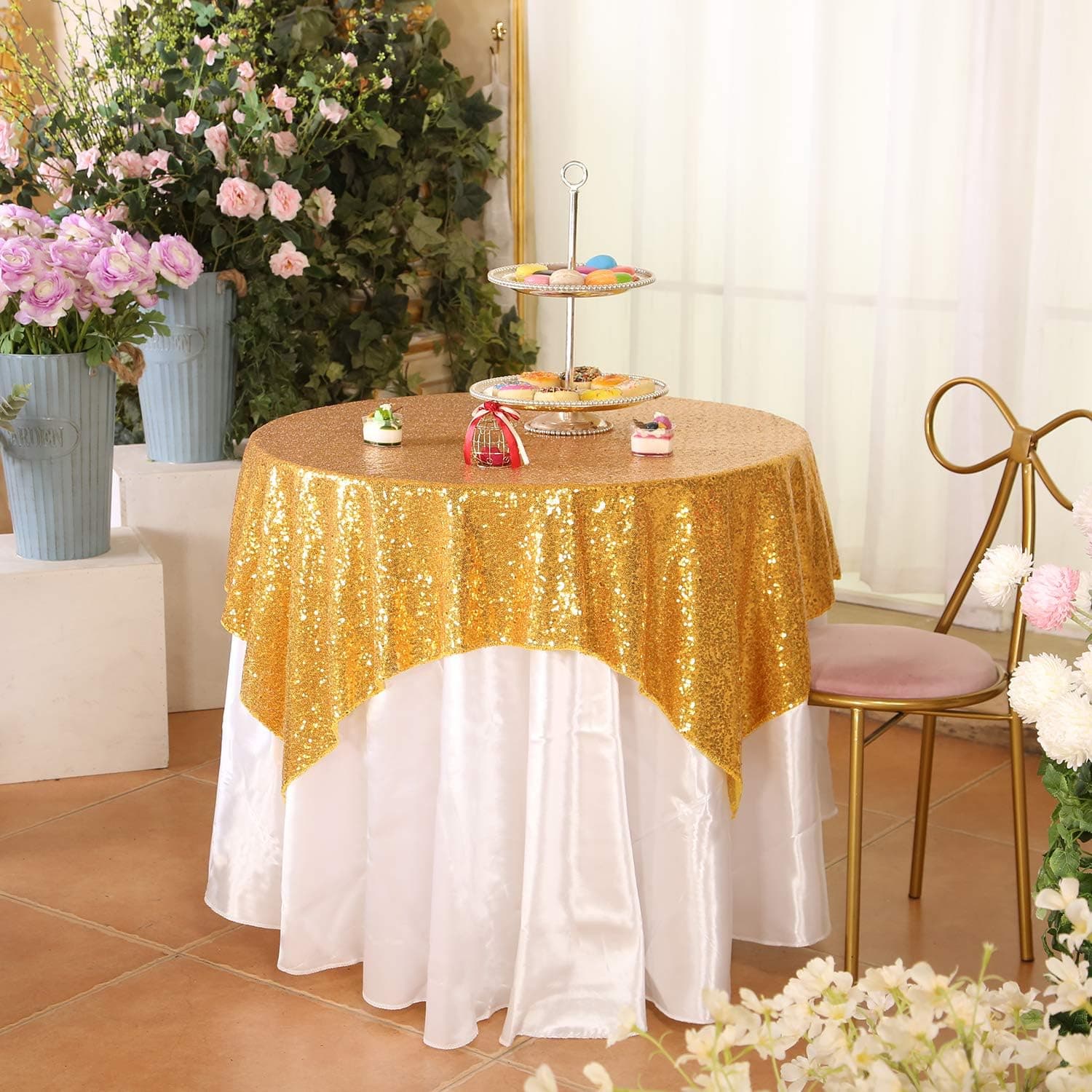 Eternal Beauty Gold Square Sequin Tablecloth Sequin Overlay Tablecloth for Wedding Christmas Party 48"x48"