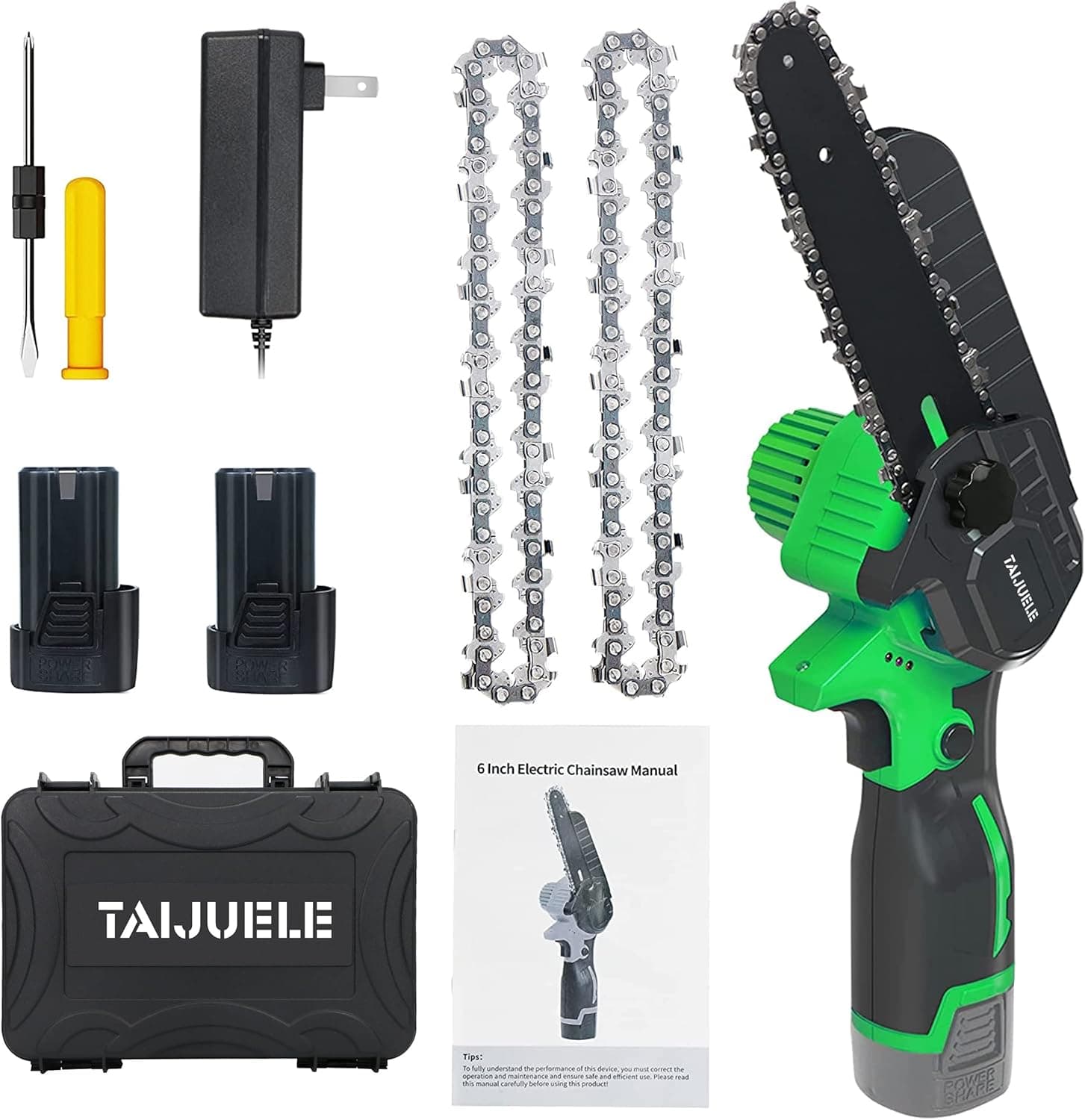 Mini Chainsaw Cordless, 6 Inch Battery Powered Chainsaw Portable One-Handed Rechargeable Electric Chainsaw for Garden Trees Trimming Branch Wood Cutting（2 Batteries, 2 Chains Included）