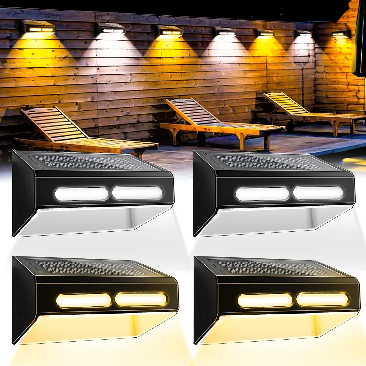 Hezbjiti 4 Pack Outdoor Solar Fence Lights Outdoor, 2 Colors in 1 Solar Wall Lights, 1800 mAh Waterproof Solar Step Lights for Wall, Fence, Garden, Railing, Stair, Patio (Warm White/Cool White)