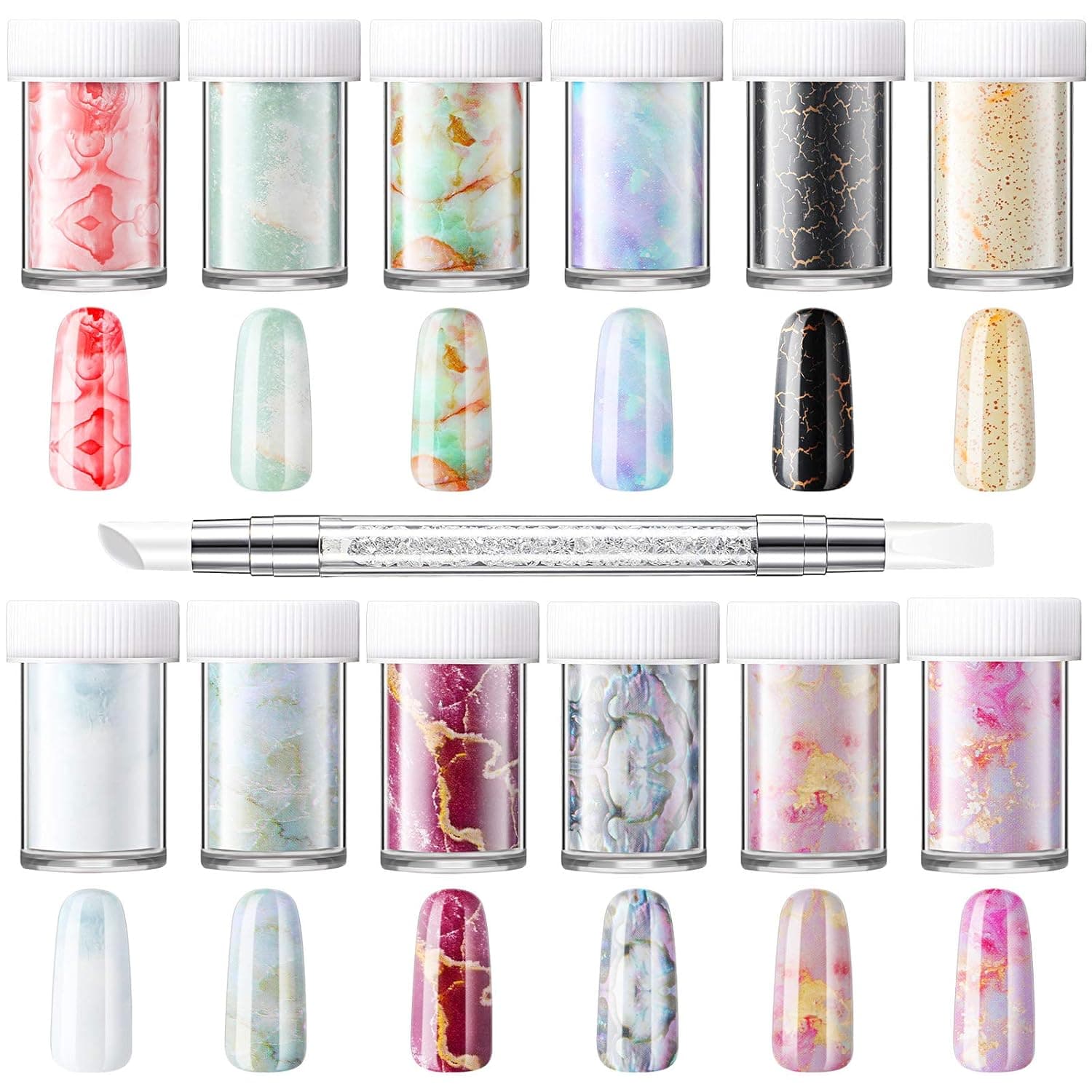 12 Boxes Marble Nail Foil Transfer Sticker with Nail Art Sculpture Pen Colorful Marble Nail Decals Marble Print Nail Foil Wraps Marble Foil Nail Art Stickers for DIY Nail Decoration Women Girls.