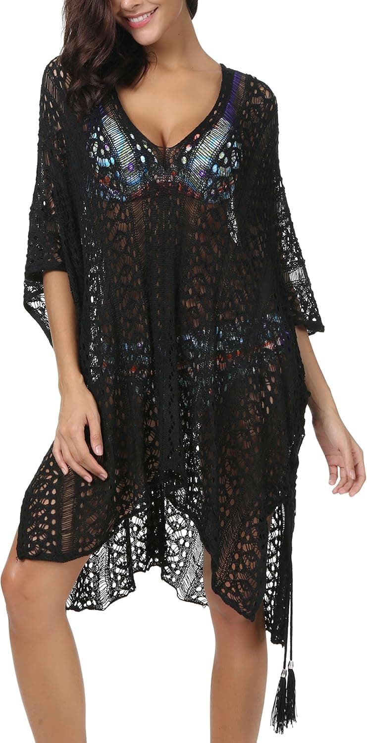 Invug Women Bathing Suit Cover Up Bikini Swimwear Beach Crochet Dress Plus Size