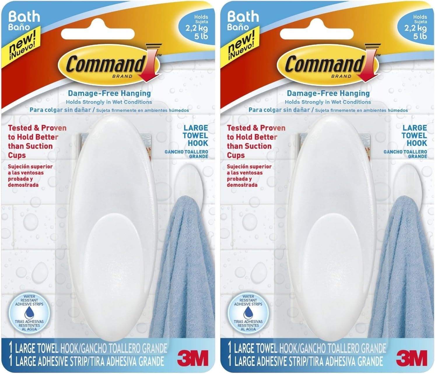Command Towel Hook, Frosted, 5-Pound Capacity, (Pack of 2)