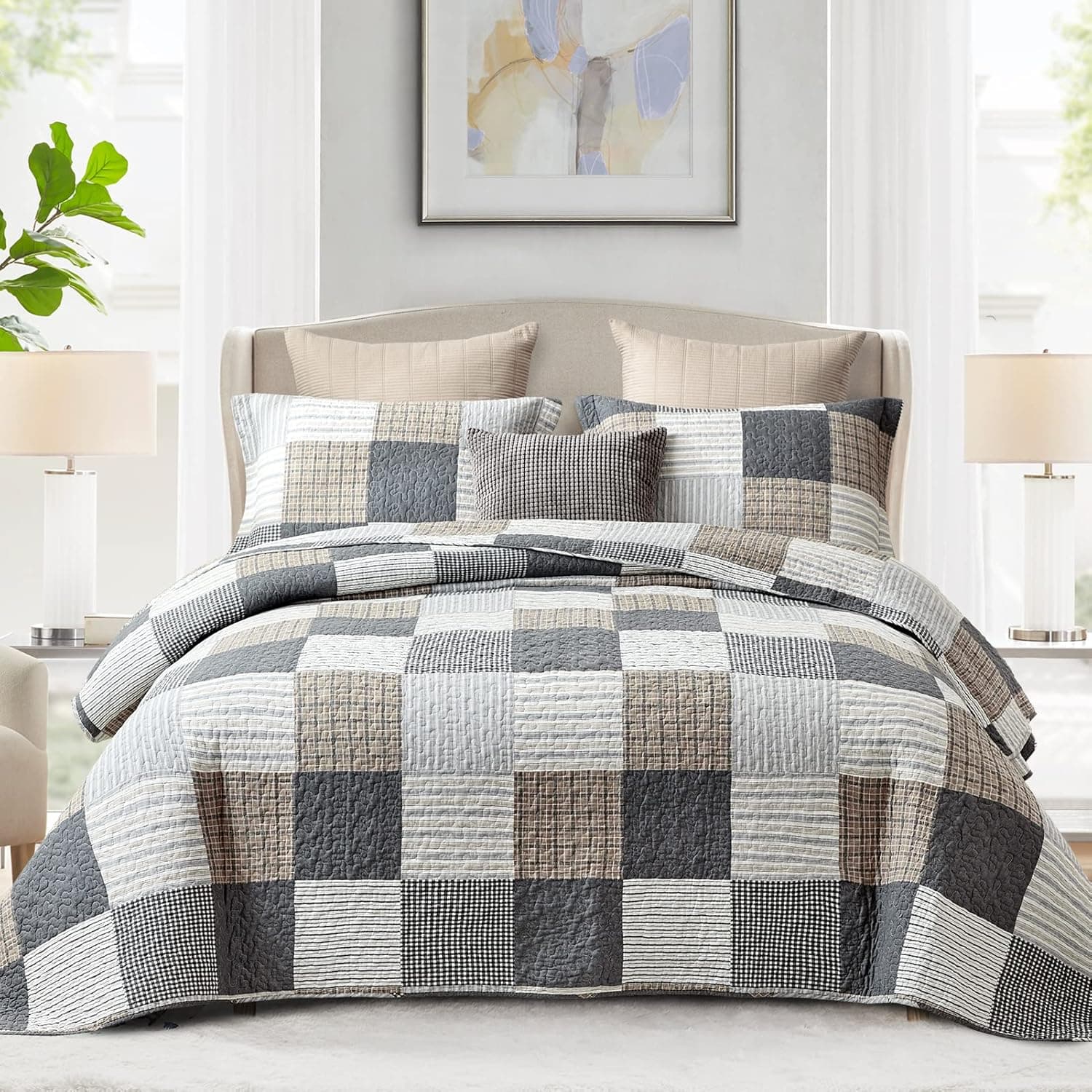 Finlonte Twin Quilt, 100% Cotton Twin Quilt Set, Grey Brown White Plaid Twin XL Quilt, Patchwork Lightweight Soft Twin Bedspread for All Season, 2-Pieces
