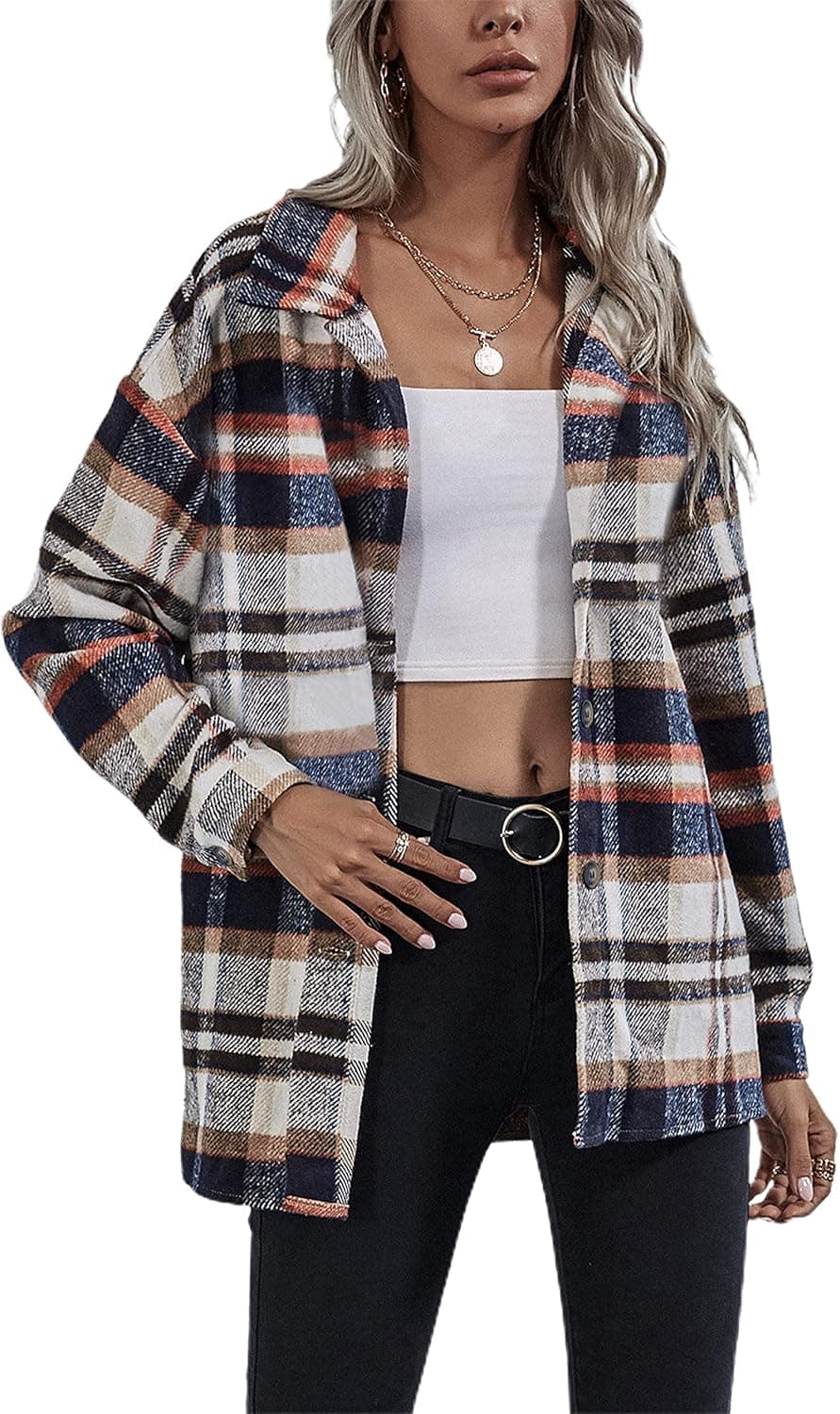 Lentta Women's Flannel Plaid Shacket Jacket Casual Fall Wool Blend Button Up Shirt Coat