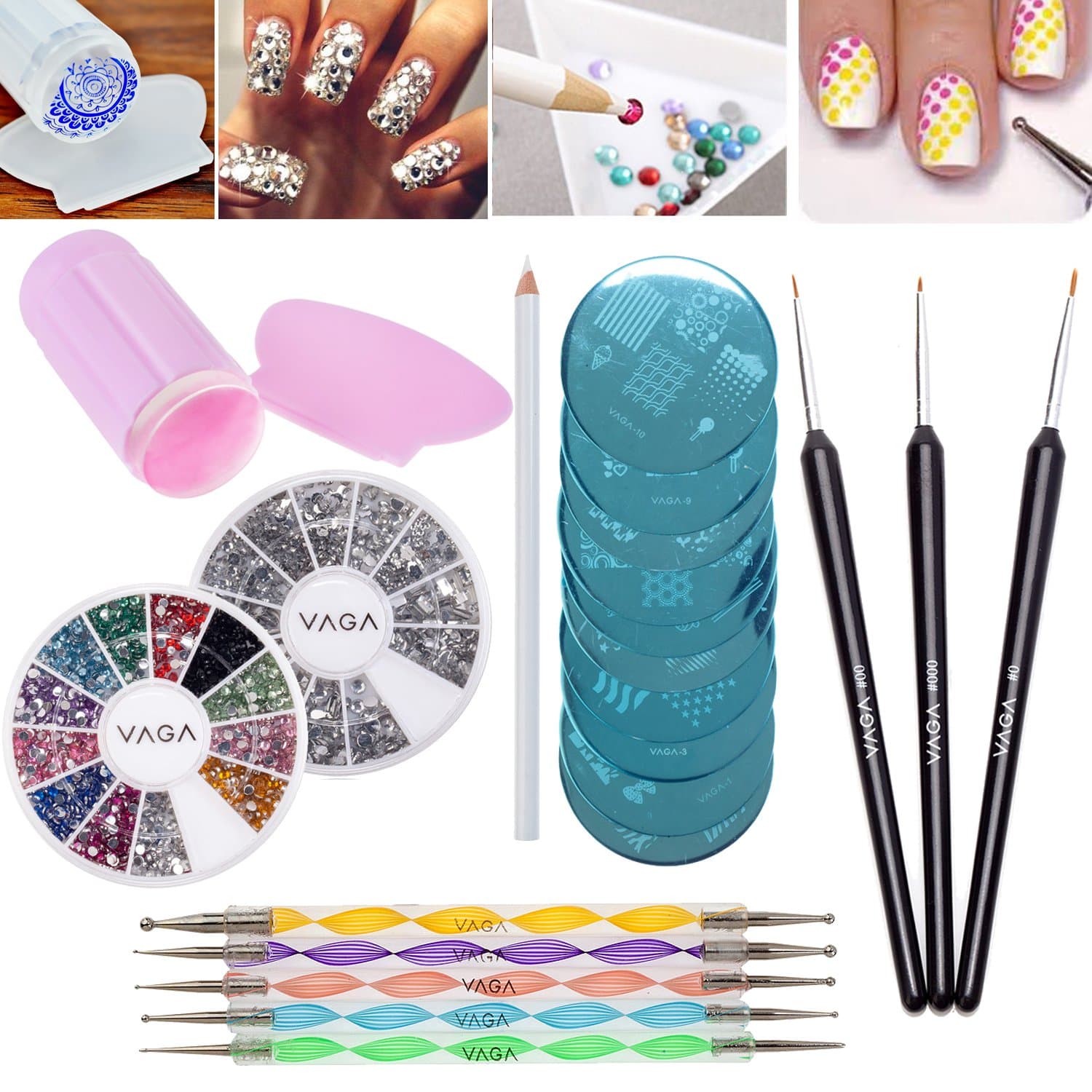 VAGA Nail Art Set of Assorted Tools and Decorations, Nail Gems and Rhinestones, Nail Dotting Tool Set, Acrylic Nail Brush Set, Nail Stamper, Gem Picker Tool, Nail Stamper and Scraper