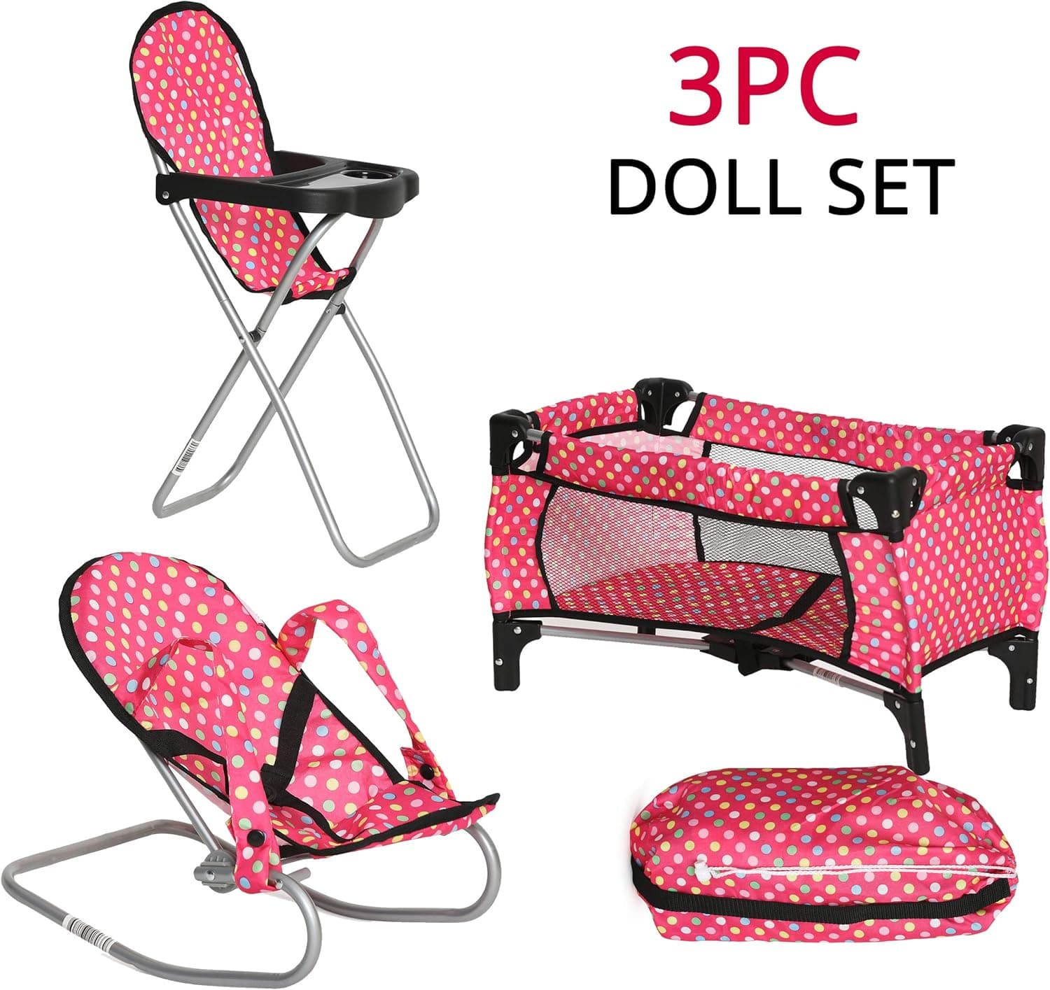 fash n kolor 3 Piece Doll Play Set, Includes - 1 Pack N Play. 2 Doll High Chair. 3 Infant Seat, Fits Up to 18'' Doll (3 Piece Set)