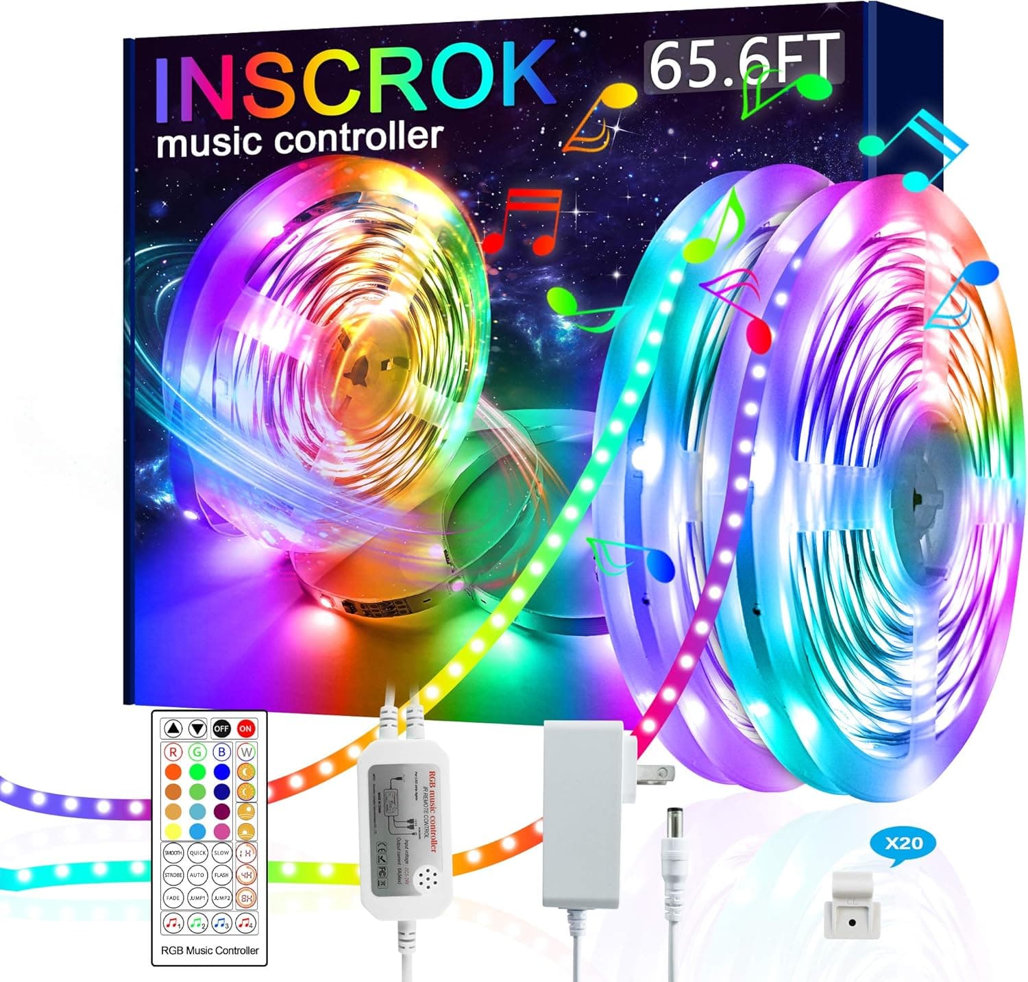 LED Strip Lights 65.6ft,Music Sync LED Light Strip for Bedroom, Home Decor, Living Room Decor, Halloween Decorations, Christmas Decorations,Ultra Long RGB Light Strip with IR Remote Control (65.5ft)