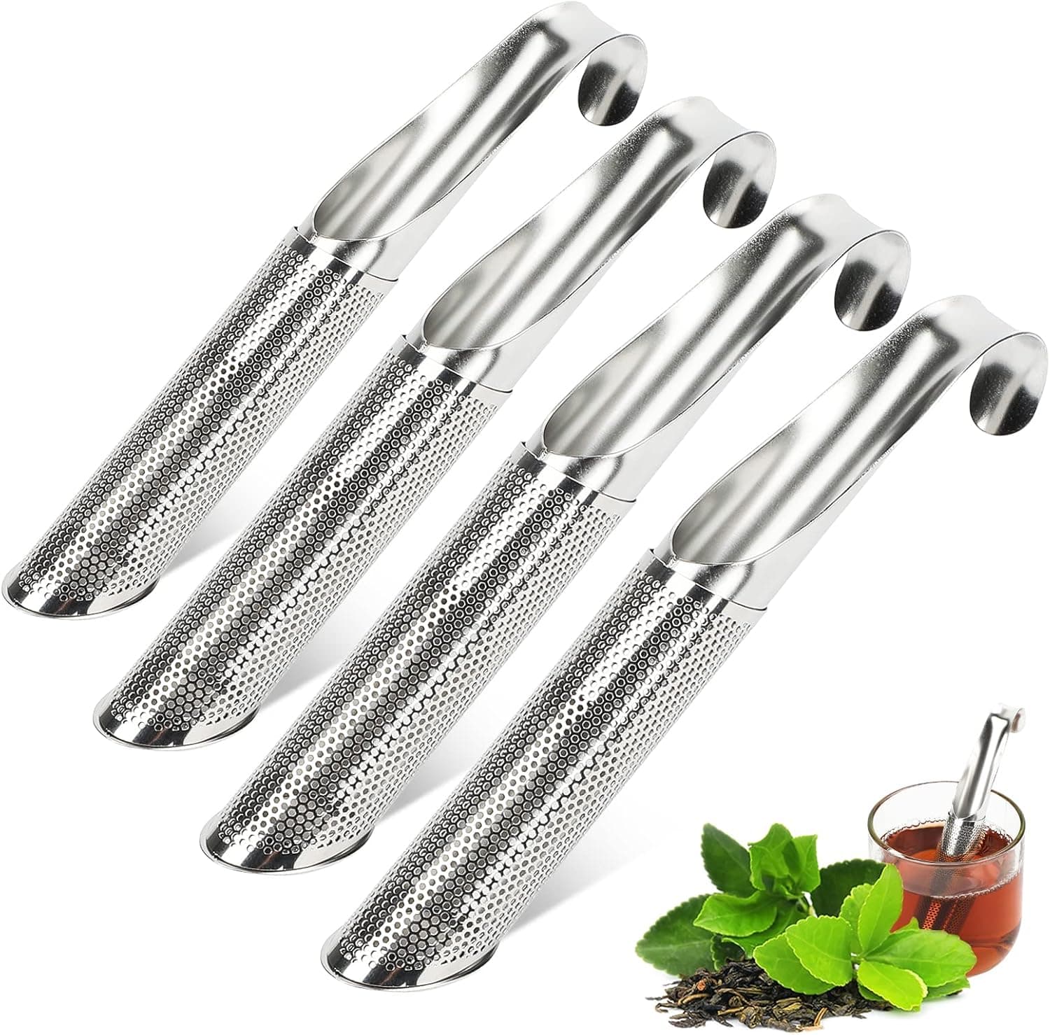 yicuhua Tea Infuser Set with Hook, Pipe, Stainless Steel Diffuser,stainless Ifuses Strainers, Reusable Cylindrical Infuser, Hook Handle Stick Strainer (4pcs)