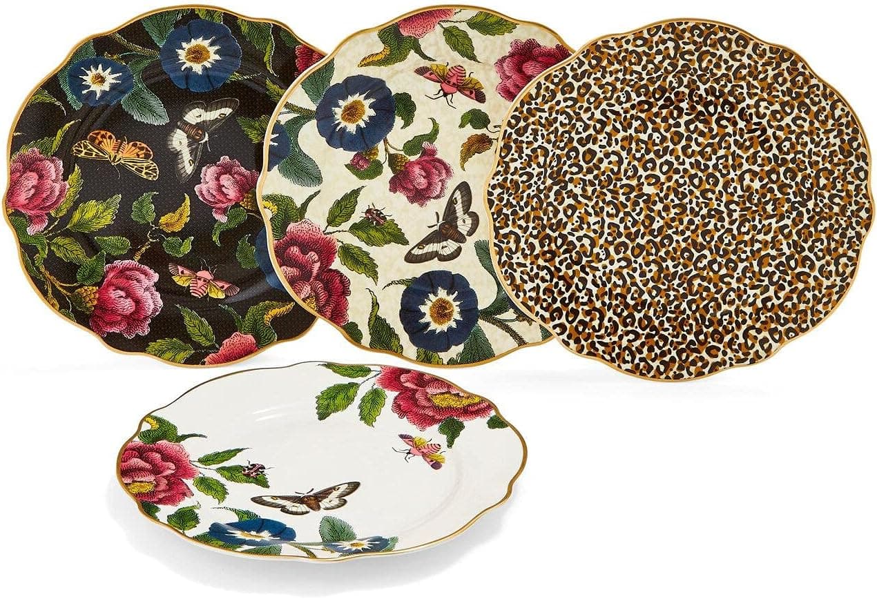 Spode Creatures of Curiosity Collection Dessert Plates Set of 4, Assorted Motifs, 7.5-inch, Fine China Cake Plate, Small Appetizer Plates, Gold Rim/Scalloped Edge Design