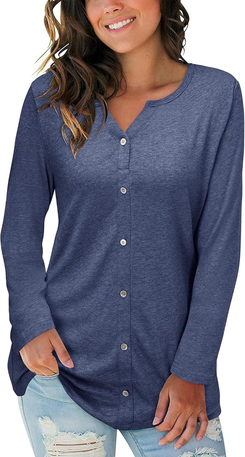 LAISHEN Women's Long & Short Sleeve Shirts V Neck Button Down T Shirt Color Block Summer Tops Casual Loose Henley Blouse