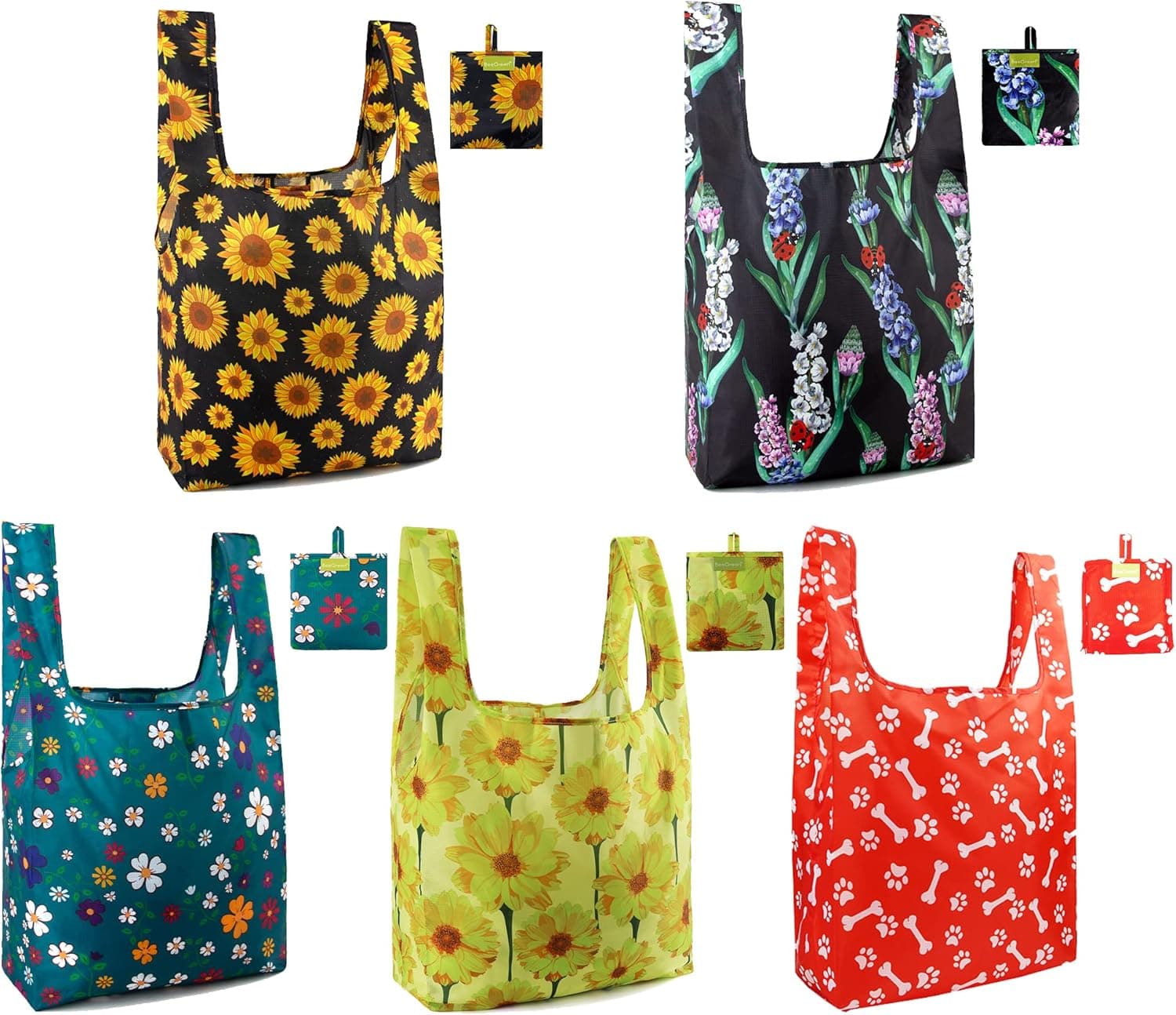 BeeGreen Cute Floral Reusable Shopping Bags Bulk Reusable Grocery Bags Foldable Large 50LBS Heavy Duty 5 PCS Kitchen Reusable Bags with Small Pouch Tote Bags Eco Bag Machine Washable