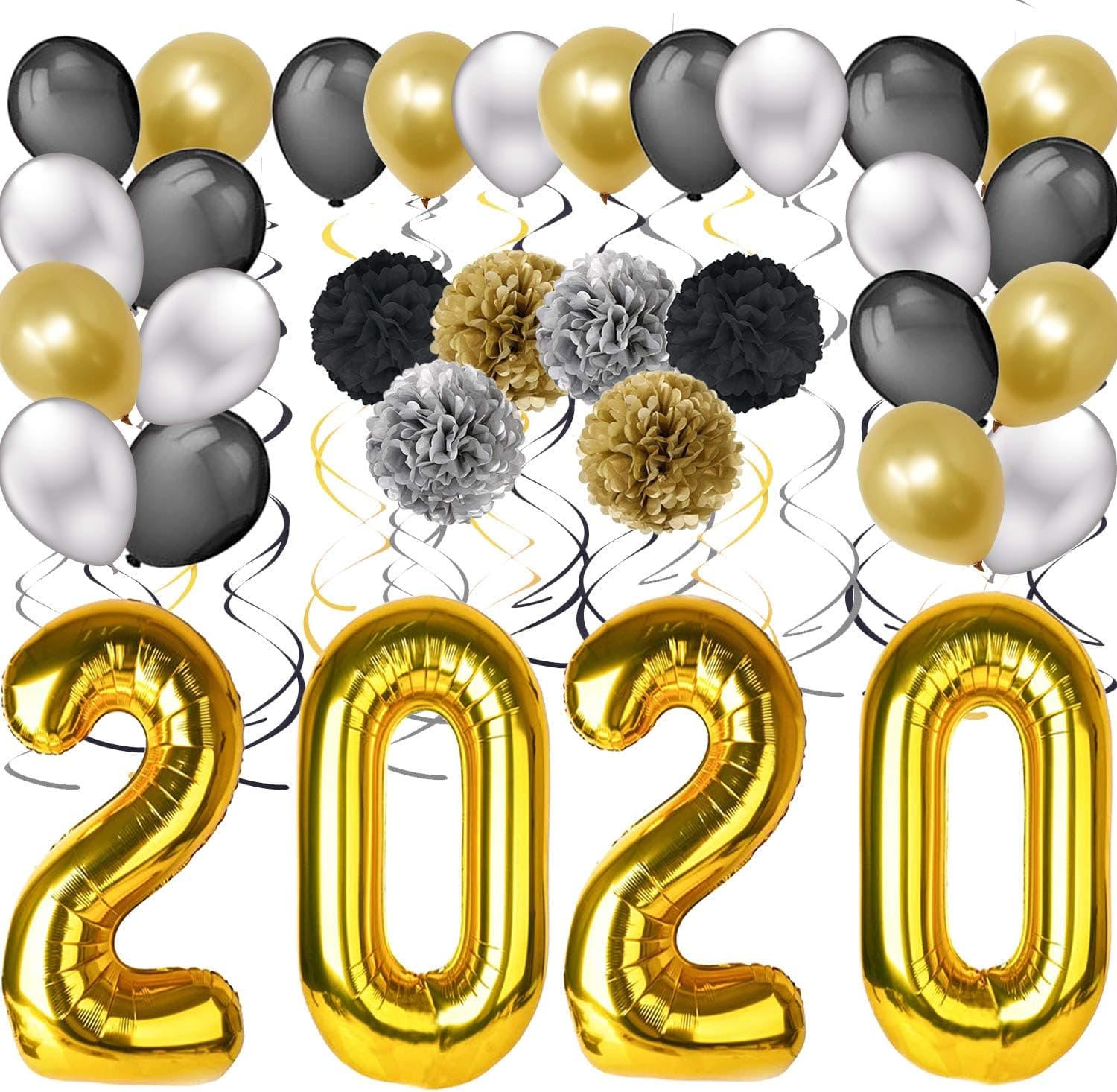Graduation Party Supplies –40'' 2020 Foil Gold Ballooons Black Gold and Silver Hanging Party Swirls, Tissue Paper Pom Poms & Latex Balloons | Great for 2020 Graduation Decorations