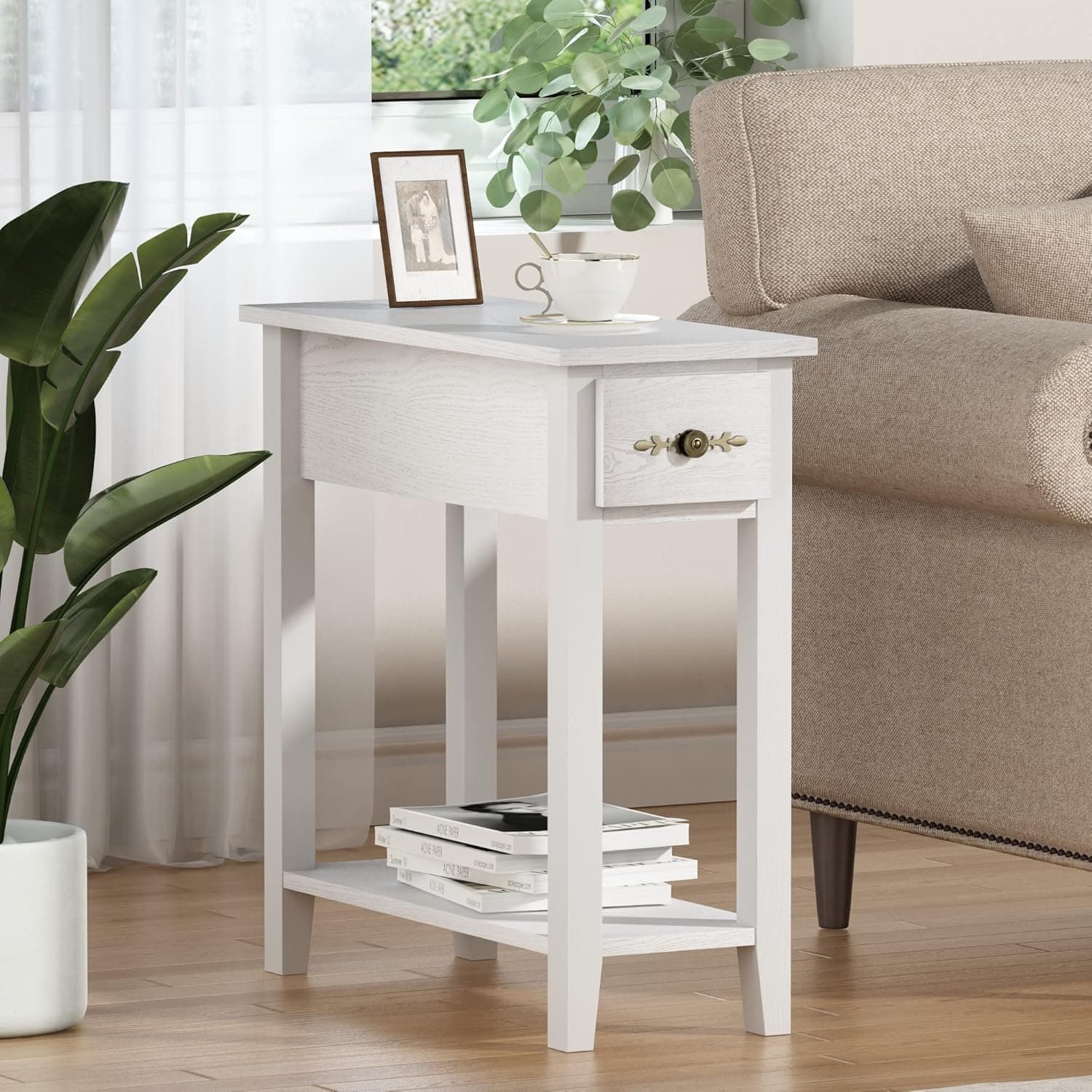 ChooChoo Narrow End Table, Small end Table Living Room with Storage, Side Table Nightstand for Bedroom, White