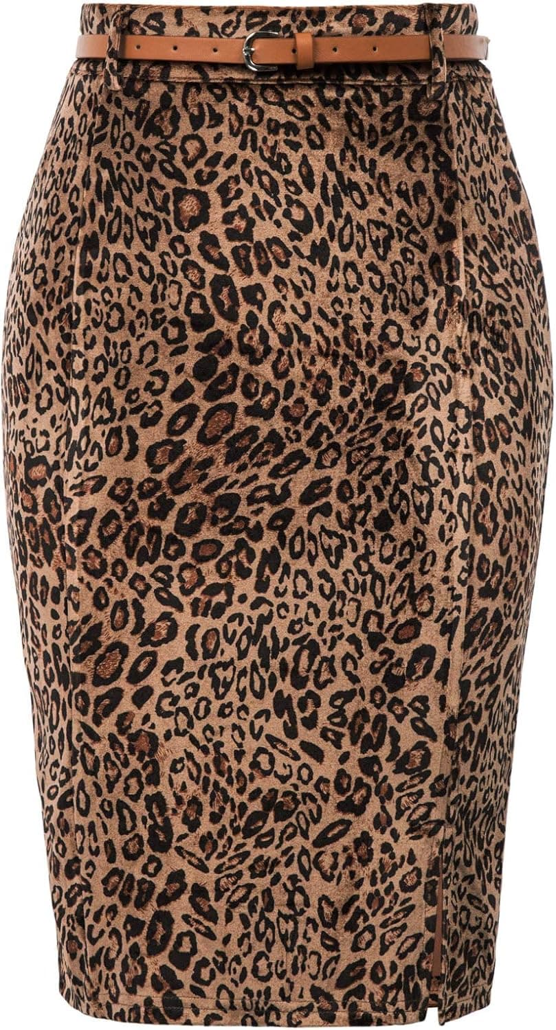 Women's High Waist Stretch Bodycon Pencil Skirt with Belts Brown Leopard S