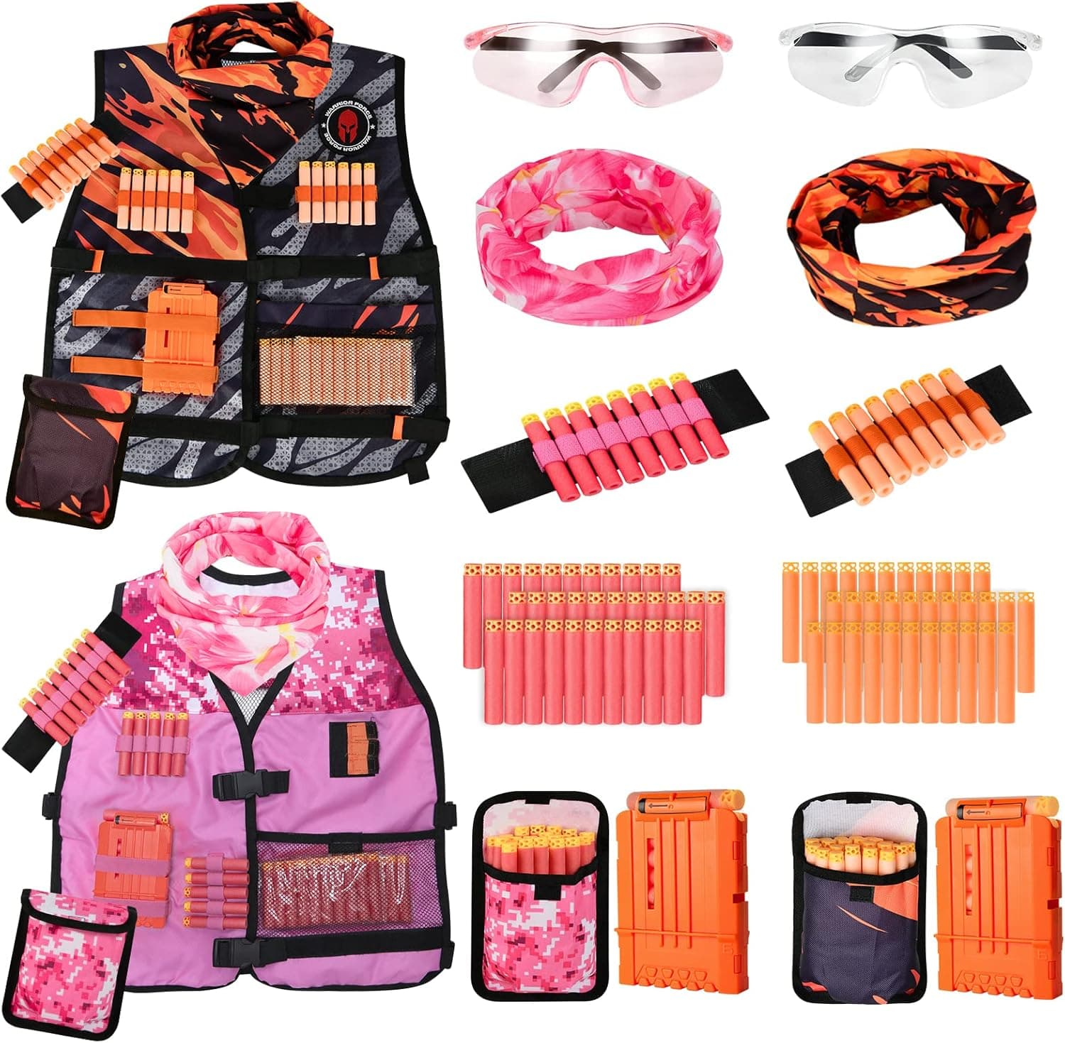 2 Pack Kids Tactical Vest Kit for Nerf Guns Game N-Strike Elite Series Wars with Darts Loading Clips Velcro Badges Tactical Mask Protective Glasses Wrist Strap and Matching Belt Bag for Boys Girls