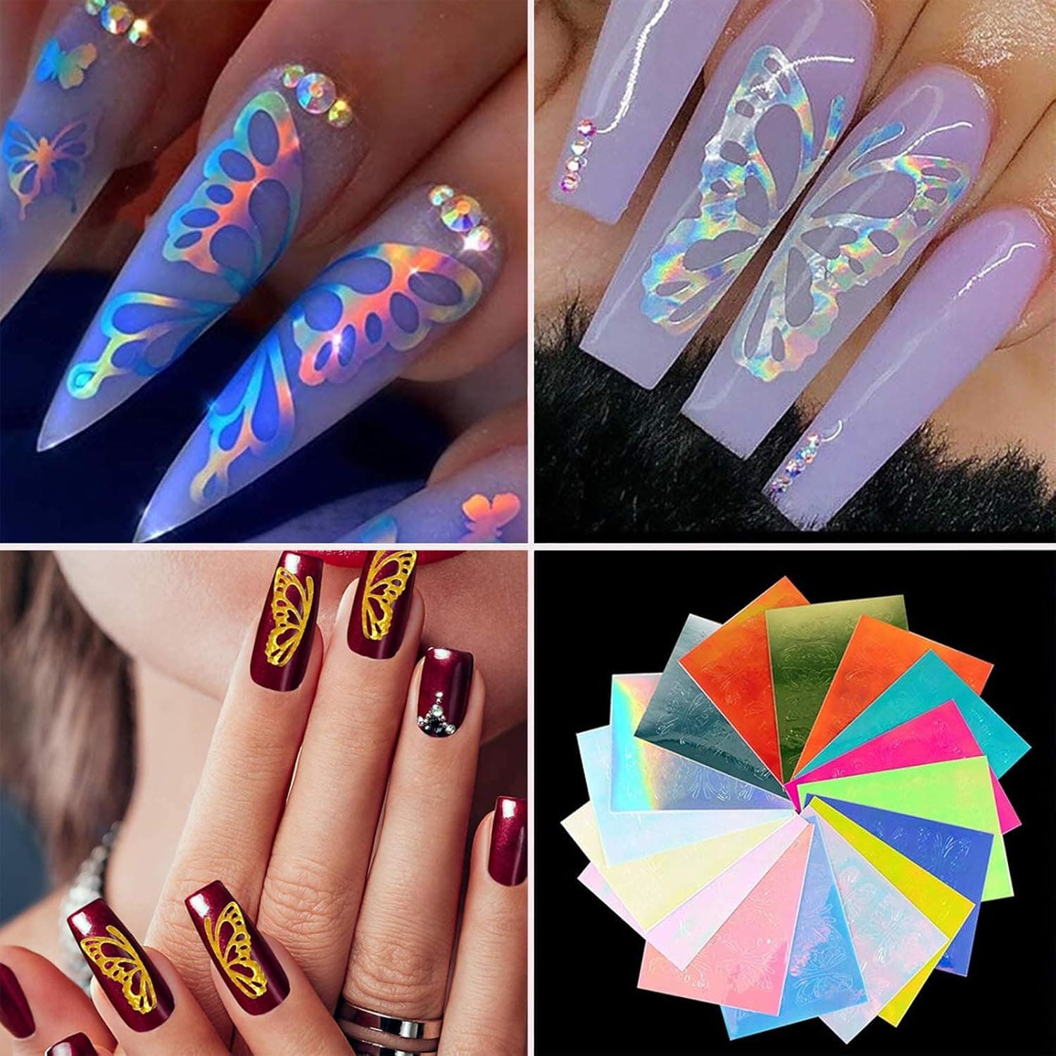YESORNO 16 Sheets Holographic Nail Stickers Reflections Butterfly Laser Nail Art Decals DIY Nail Art Decoration 3D Vinyls Nail Stencil for Nails
