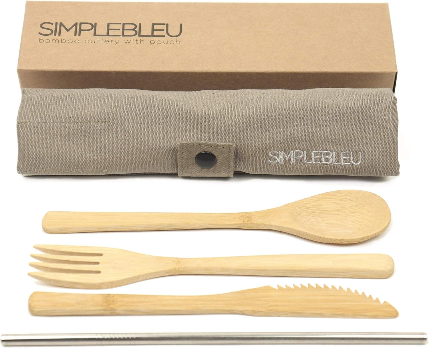 Reusable ecofriendly cutlery - Bamboo travel utensils set - Spoon, knife, fork and stainless steel straw with pouch
