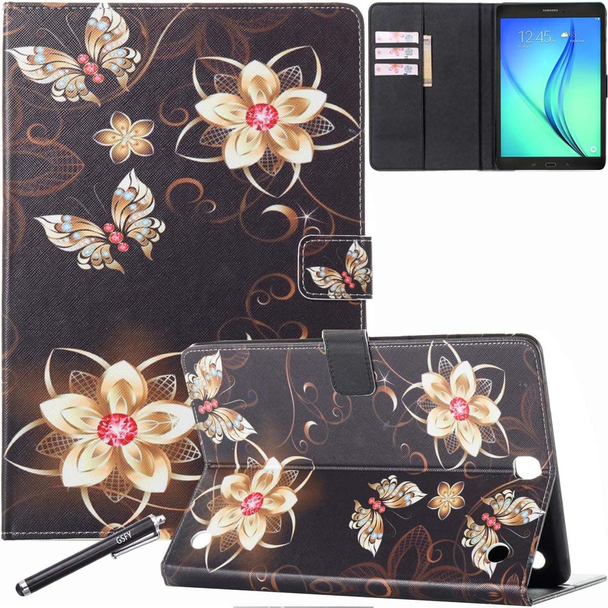 NewShine Galaxy Tab A 9.7 Case Cover Colorful PU Leather Magnetic Closure Stand Cover with Card Holder for Samsung Galaxy Tab A 9.7 inch Tablet Model SM-T550, Gold Flower