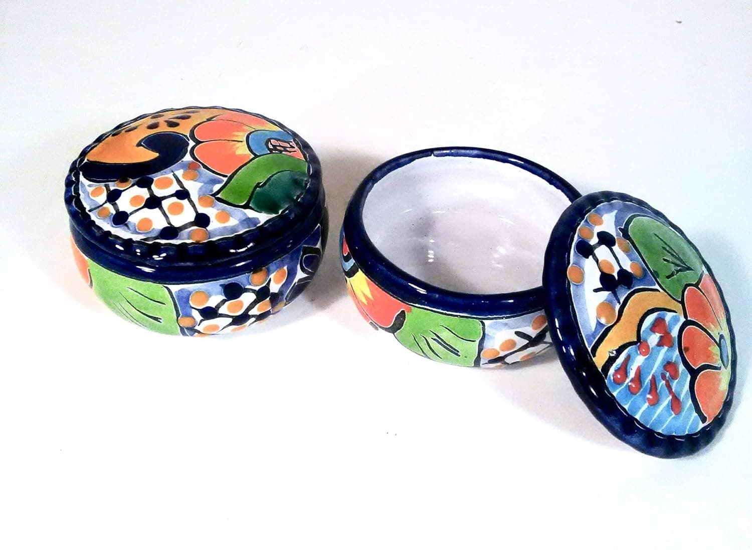 3.5" Wavy Blue-Rimmed Mexican Talavera Pottery Jewelry and Trinket Box for Daily Use and Home Decor Qty. 1