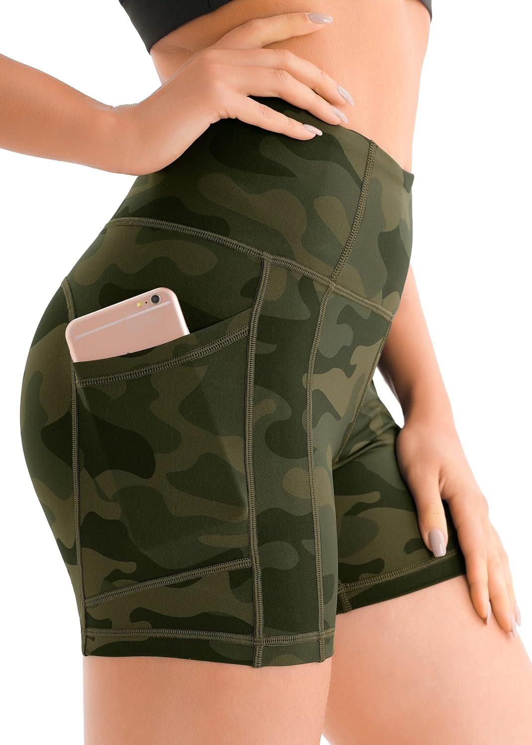 PERSIT Women's High Waist Workout Yoga Shorts with Side & Inner Pockets, Non See-Through Tummy Control Athletic Shorts