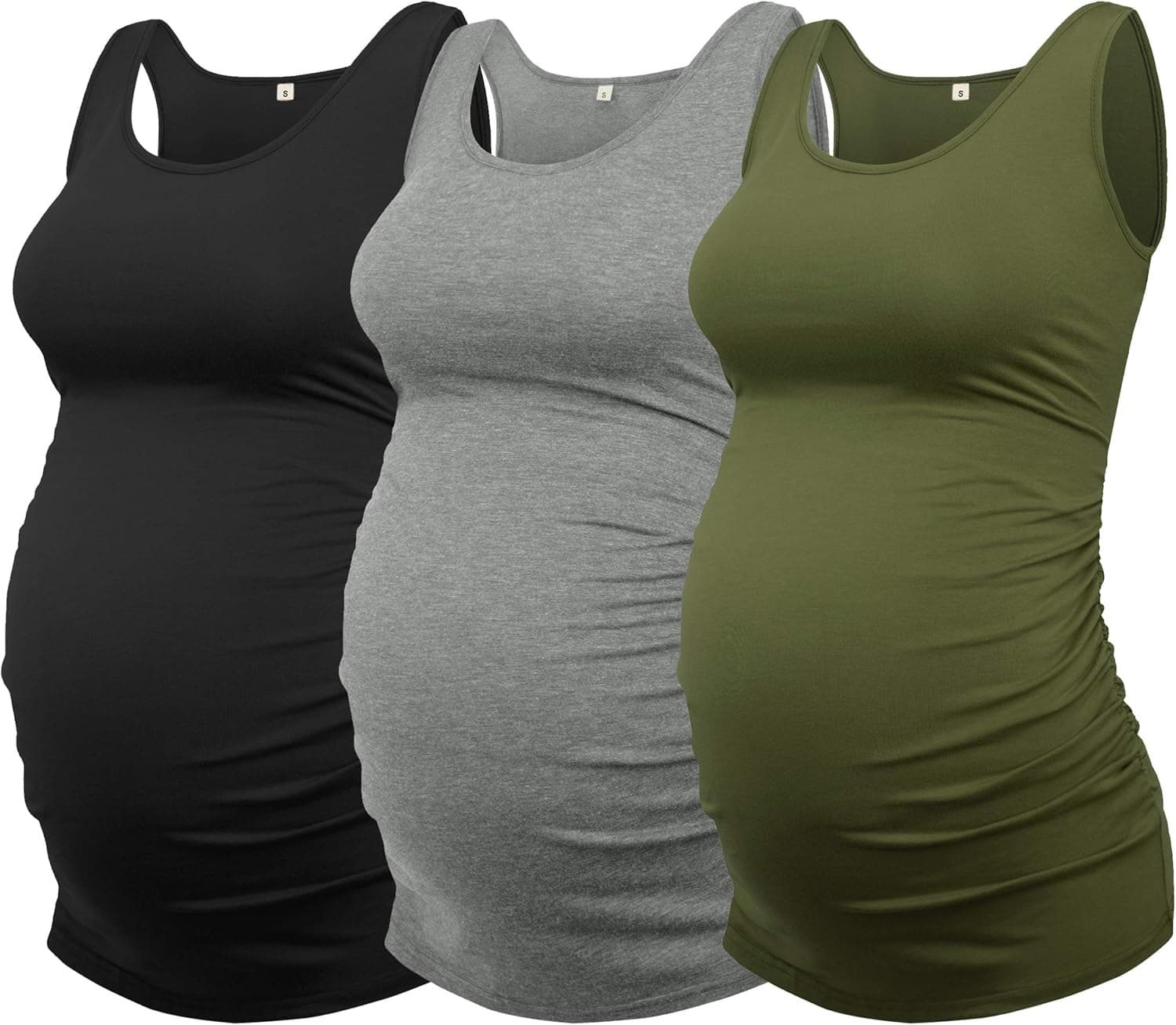 GLAMIX Women's Maternity Tank Top 3-Pack Ruched Shirts Basic Vest Pregnancy Sleeveless Mama Clothes