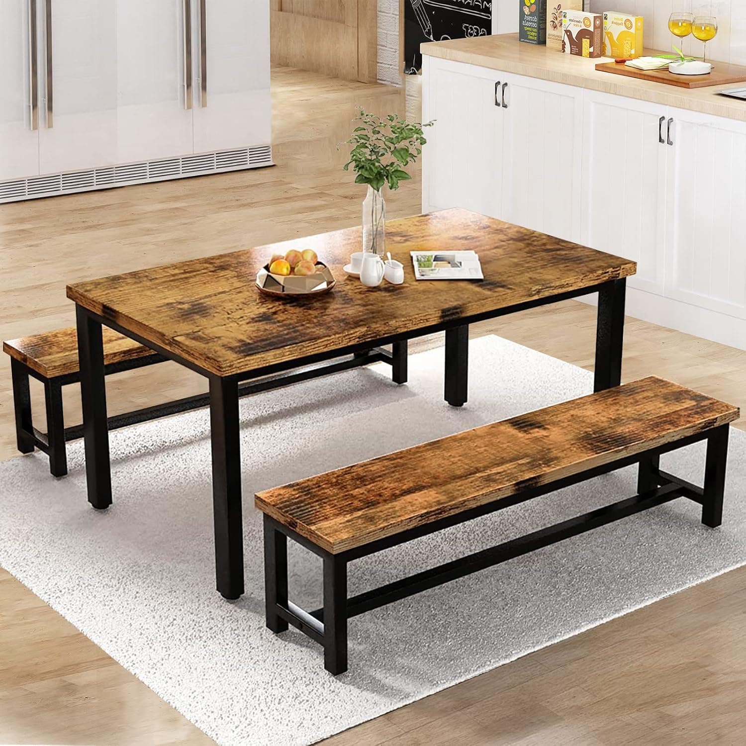 MIERES 3 Pieces Dining Table Sets with 2 Benches, Modern Wood Kitchen Table and Chairs for 4 People, Space-Saving Kitchen Table Sets for Dining Room, Brown