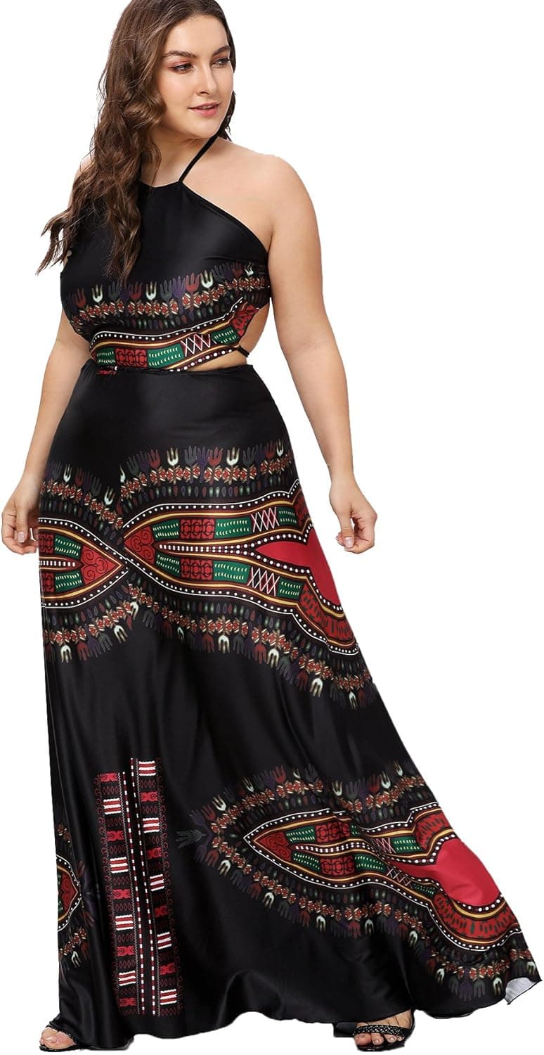 Floerns Women's Plus Size Dresses Summer Sleeveless Halter Neck Party Long Maxi Dress Black-Plus 1XL