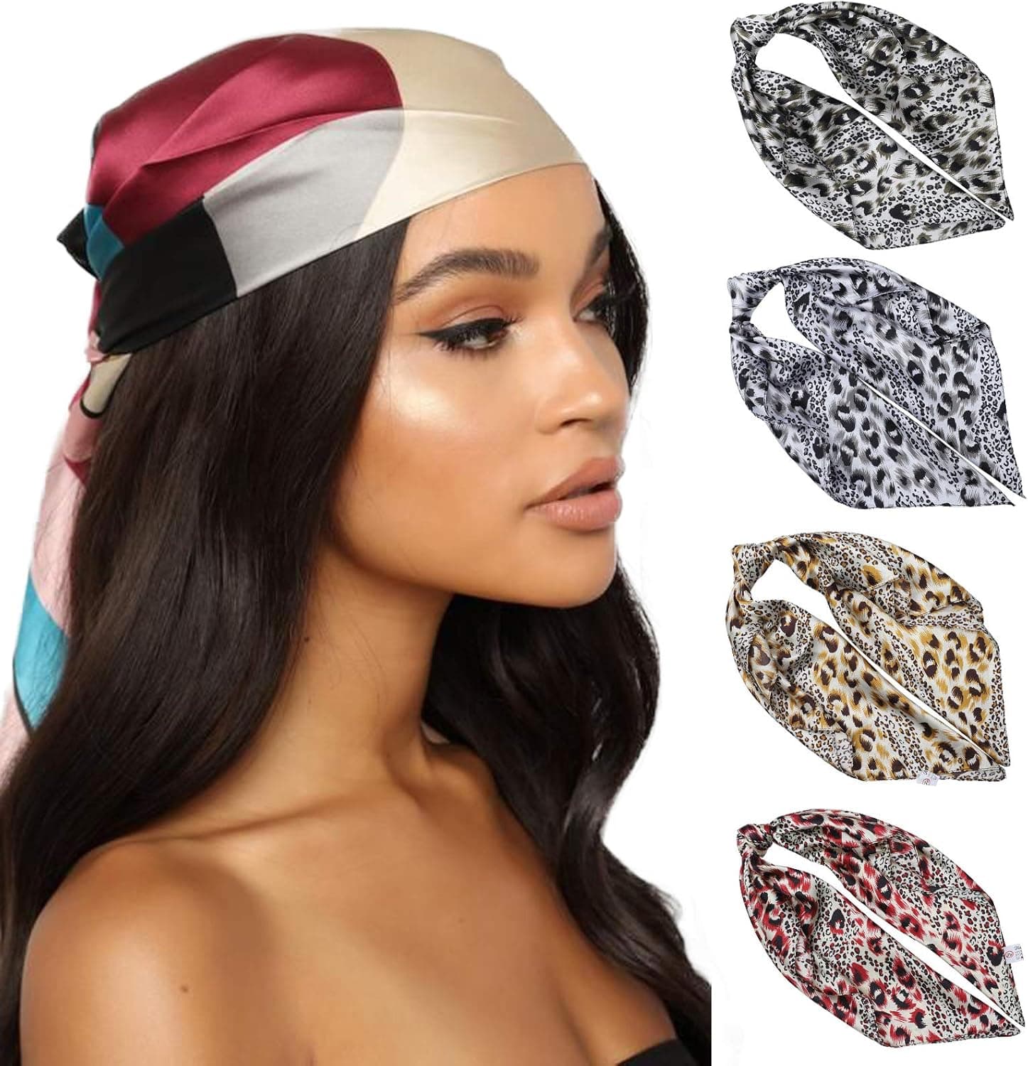 HAIMEIKANG Silk Square Scarves for Women - 4 PCs Women Satin Silk Head Scarf Scarves Set Bandanas Hair Scarf Neck Scarf