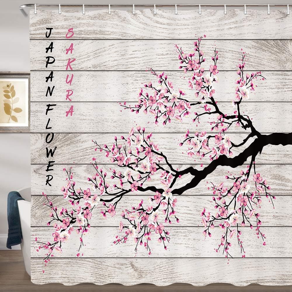 JAWO Cherry Blossoms Shower Curtain Set, Spring Time Sakura Flower on Rustic Wooden Plank Japanese Floral Bathroom Curtains Polyester Fabric Waterproof Bath Decor Hooks Included 69x70inches