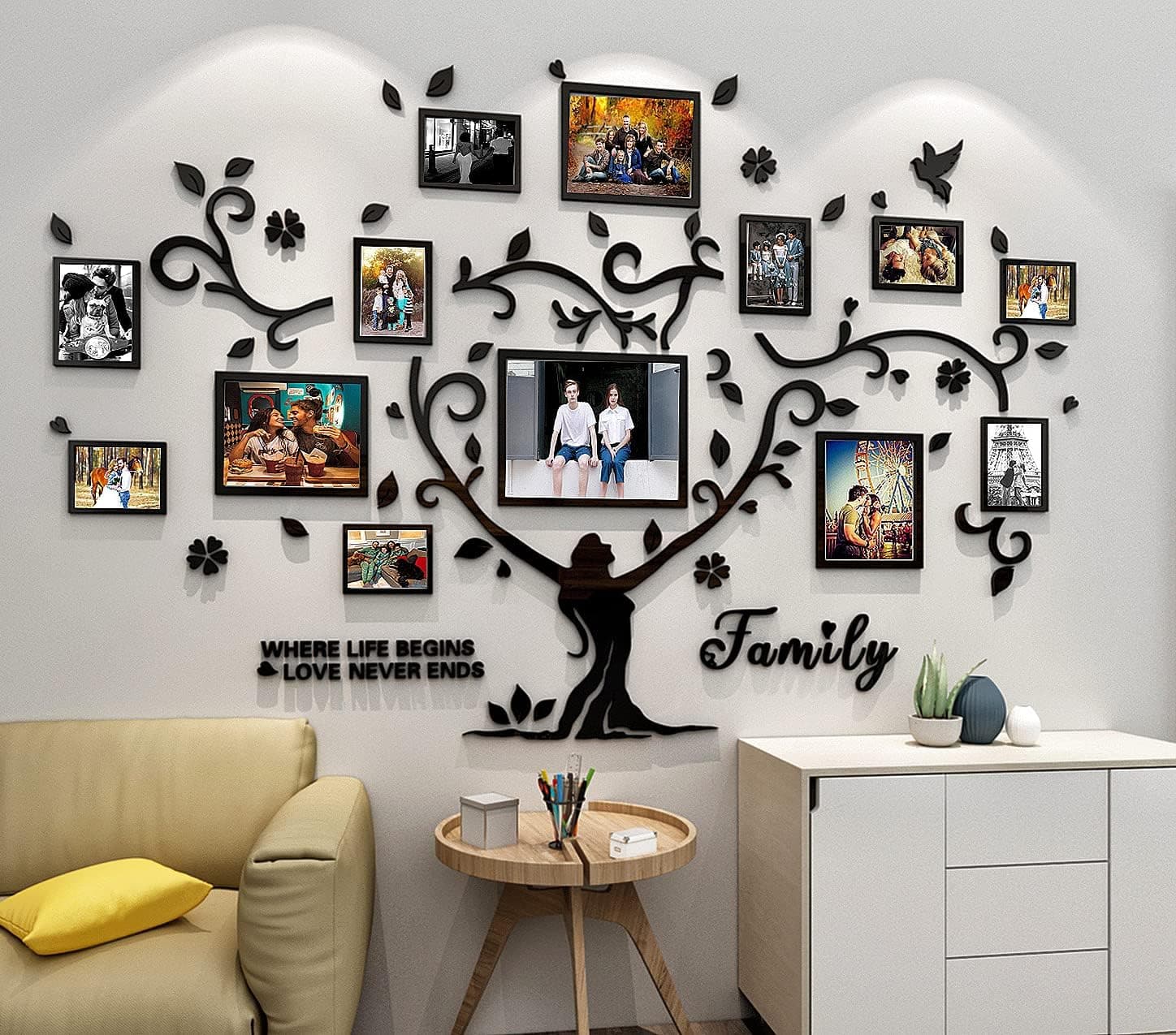 3D DIY Family Tree Wall Decor Decals - 11x14 8x10 5x7 Picture Frame Living Room Wall Decor Wall Stickers Tree Wall Decals House Home Decorations Living Room Gift for Christmas Birthday Housewarming Black
