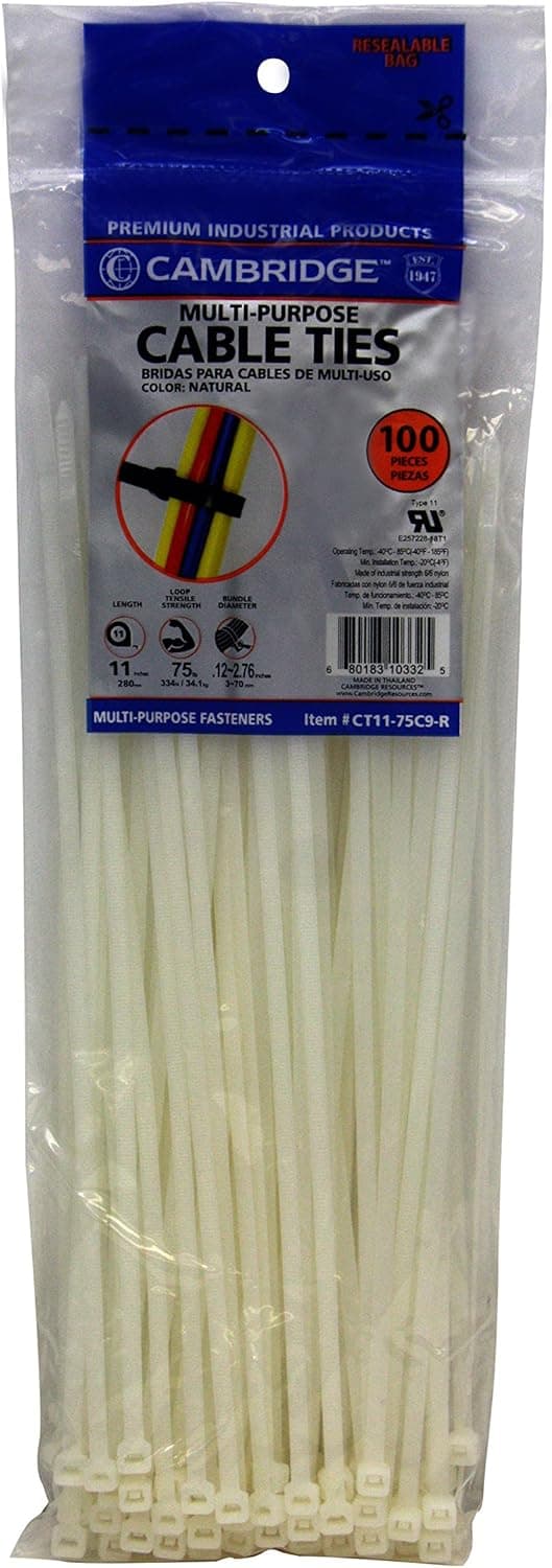 Cambridge Nylon 6/6 UL Listed Cable Ties 11-in 75 Lb Standard Duty Self Locking Natural Zip Ties, 100 Pack, Contractor Quality and Strength