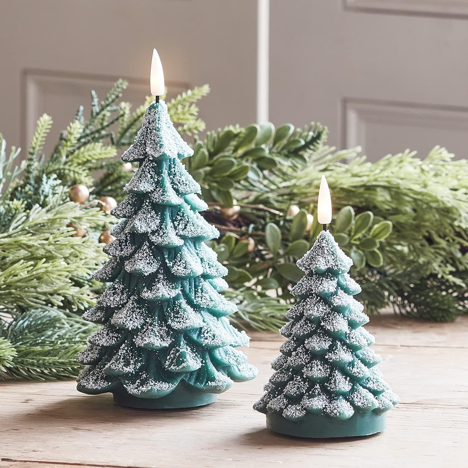 Lights4fun, Inc. Set of 2 Truglow Green Wax Christmas Tree Flameless LED Battery Operated Candles with Remote Control