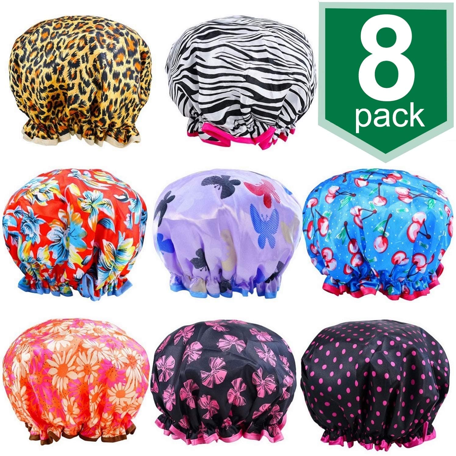Shower Caps, AROIC 8 PCS Large Waterproof Double Layer Print Shower Hats for Women and girls