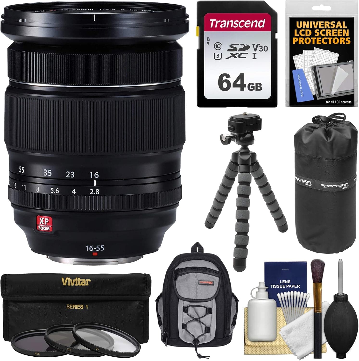 Fujifilm 16-55mm f/2.8 XF R LM WR Zoom Lens + 64GB Card + Backpack + Pouch + Tripod + 3 Filters Kit for X-A2, X-E2, X-E2s, X-M1, X-T1, X-T10, X-Pro2