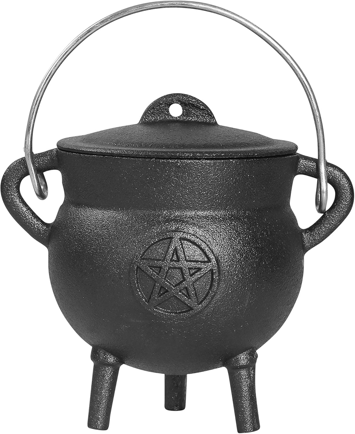 Cauldron -5.25 Inch Pentagram Pentacle Cast Iron Cauldron with Lid and Handle - Perfect Incense Smudge Kit Sage Holder Altar Ritual Burning Holder