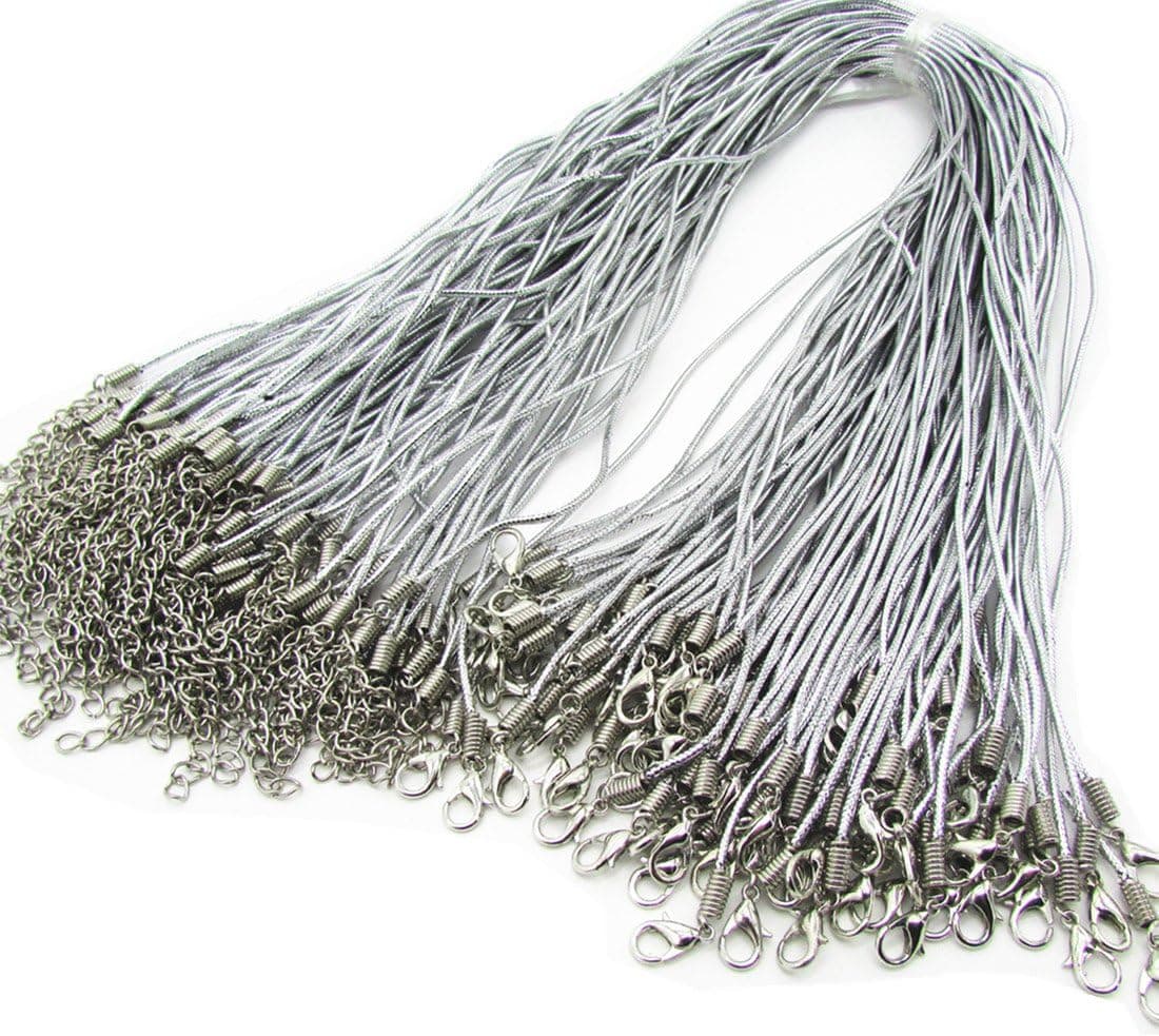 100Pcs Necklace Cord Non Stretch Gold Silver Jewelry Making Gift Wrap Ribbon Metallic Tinsel Cord Rope With Lobster Claw Clasp 18''(Silver)