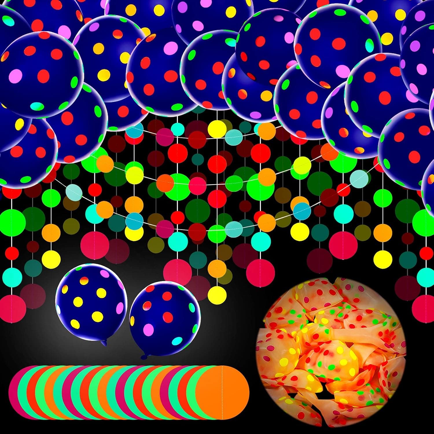 50 Pieces Neon Glow Balloons 12 Inch Black Light Fluorescent Balloons Neon Latex Balloons with 157 Inch Neon Round Dot Party Streamers for Glow Birthday Wedding Arch Party, Transparent