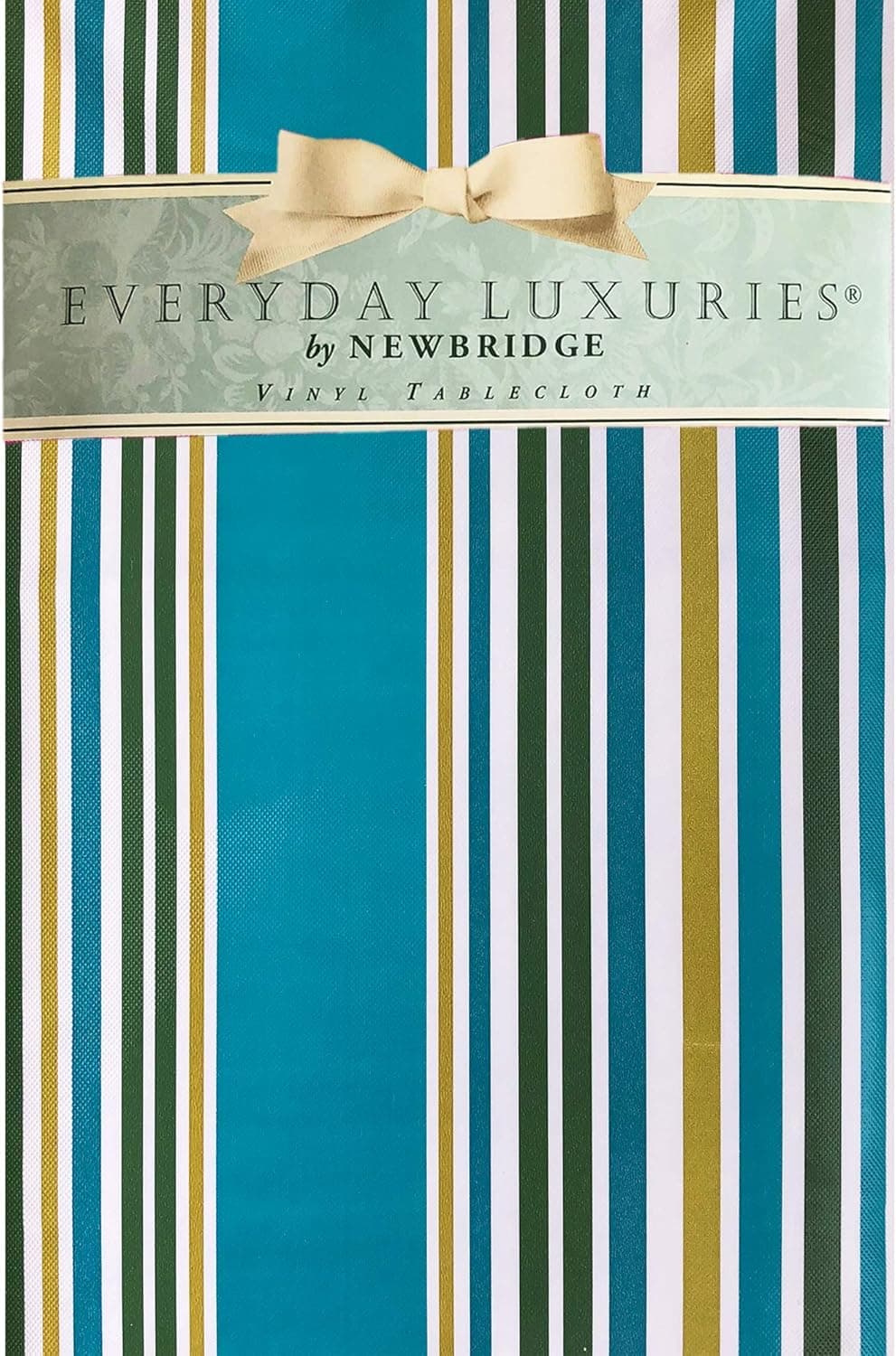 Newbridge Hannah Tropical Green and Teal Stripe Vinyl Flannel Backed Tablecloth - Shabby Chic Stripe Indoor/Outdoor Waterproof Picnic, BBQ and Dining Tablecloth - 70” Zippered Umbrella Round