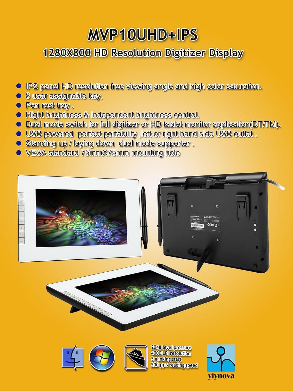 The Panda City Yiynova MVP10UHD+IPS 10.1" USB Digitizer Tablet HD Display (Mac/Windows)