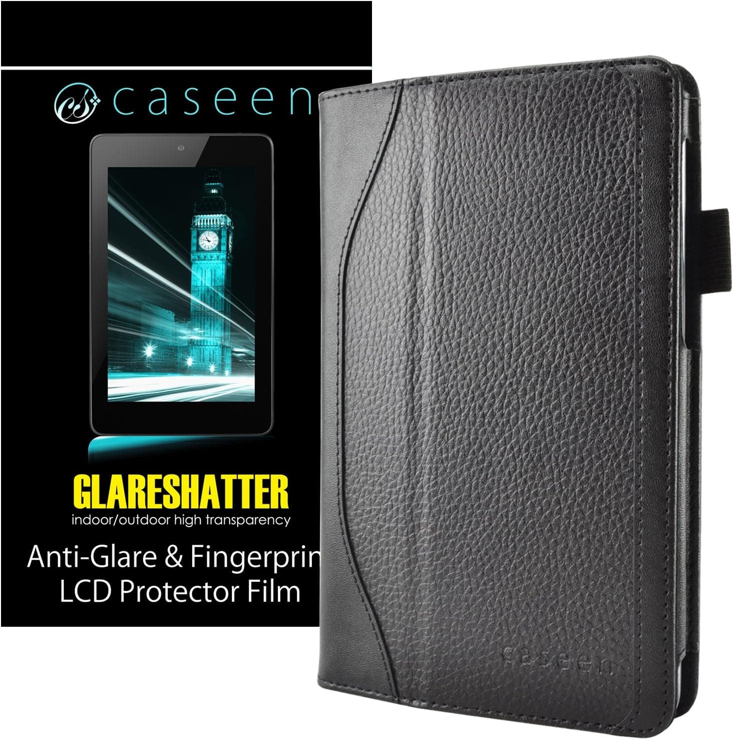 caseen SKINNY Genuine Leather Hand Strap Stand Case (DESIGNO Series Black) w/ Magnetic Sleep for Google Nexus 7 Tablet + caseen 2x Google Nexus 7 Tablet GLARESHATTER Anti-Glare & Anti-Fingerprint Screen Protectors